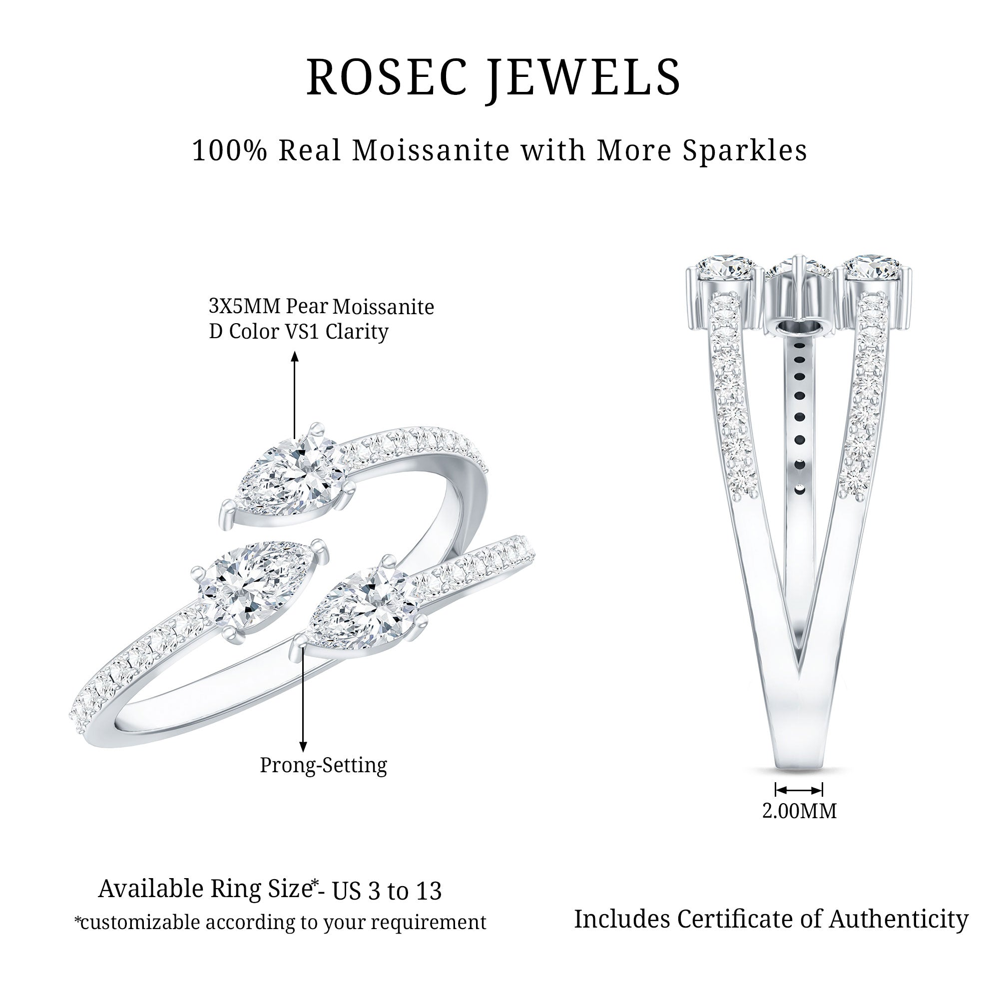 East West Style Moissanite 3 Stone Wrap Ring D-VS1 - Rosec Jewels