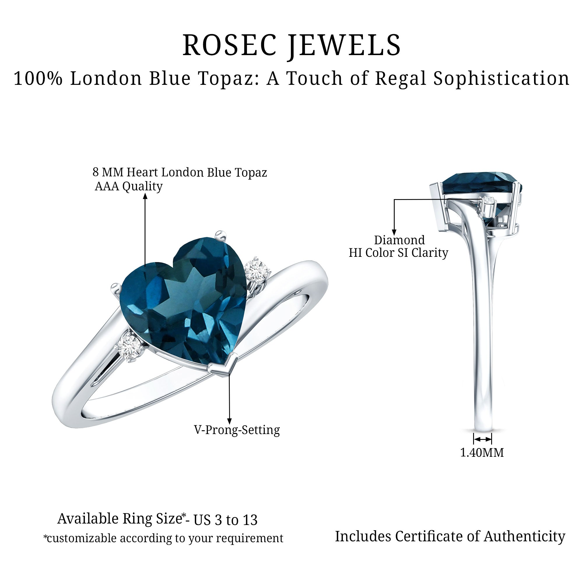 Heart Shaped London Blue Topaz Engagement Ring with Diamonds AAA - Rosec Jewels