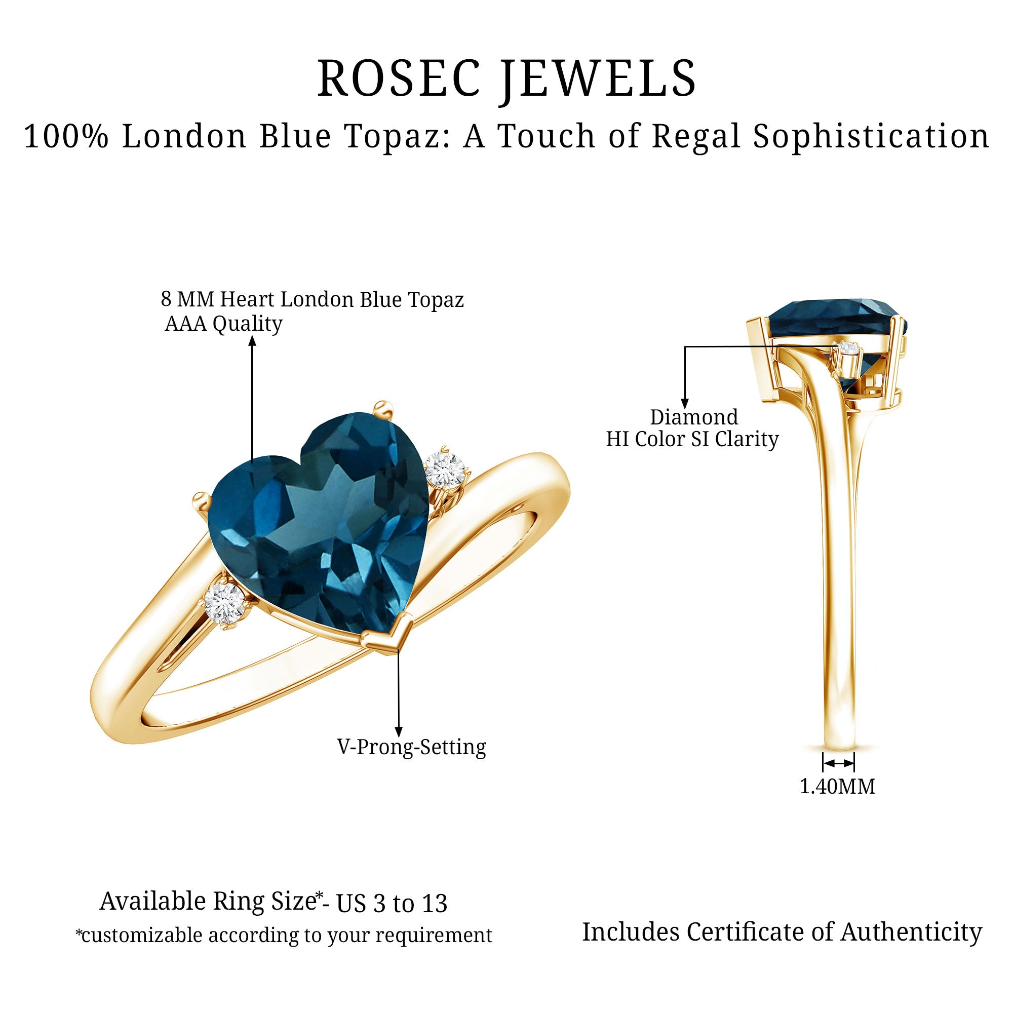 Heart Shaped London Blue Topaz Engagement Ring with Diamonds AAA - Rosec Jewels