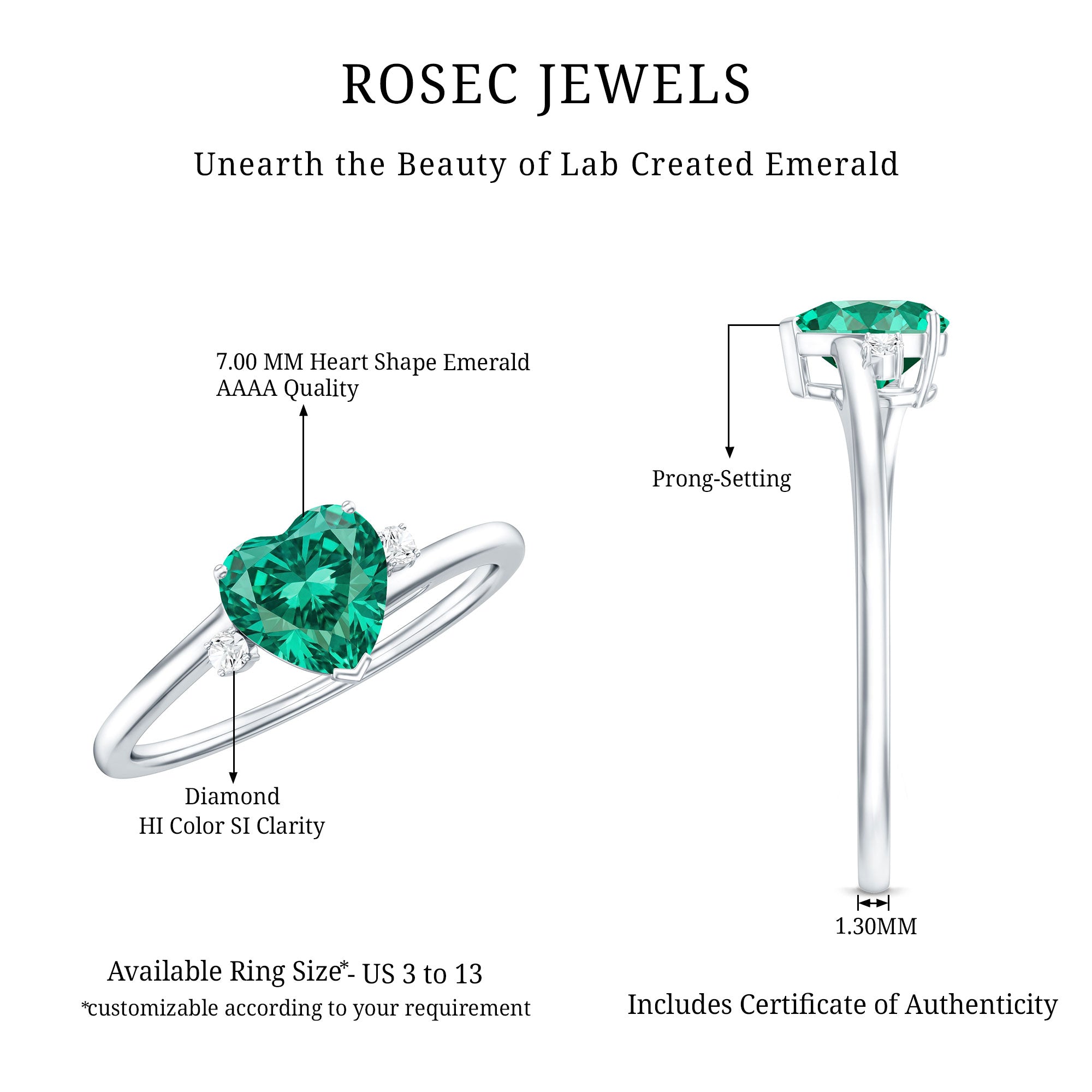 Certified Lab Grown Emerald Heart Shaped Promise Engagement Ring with Diamond AAAA - Rosec Jewels