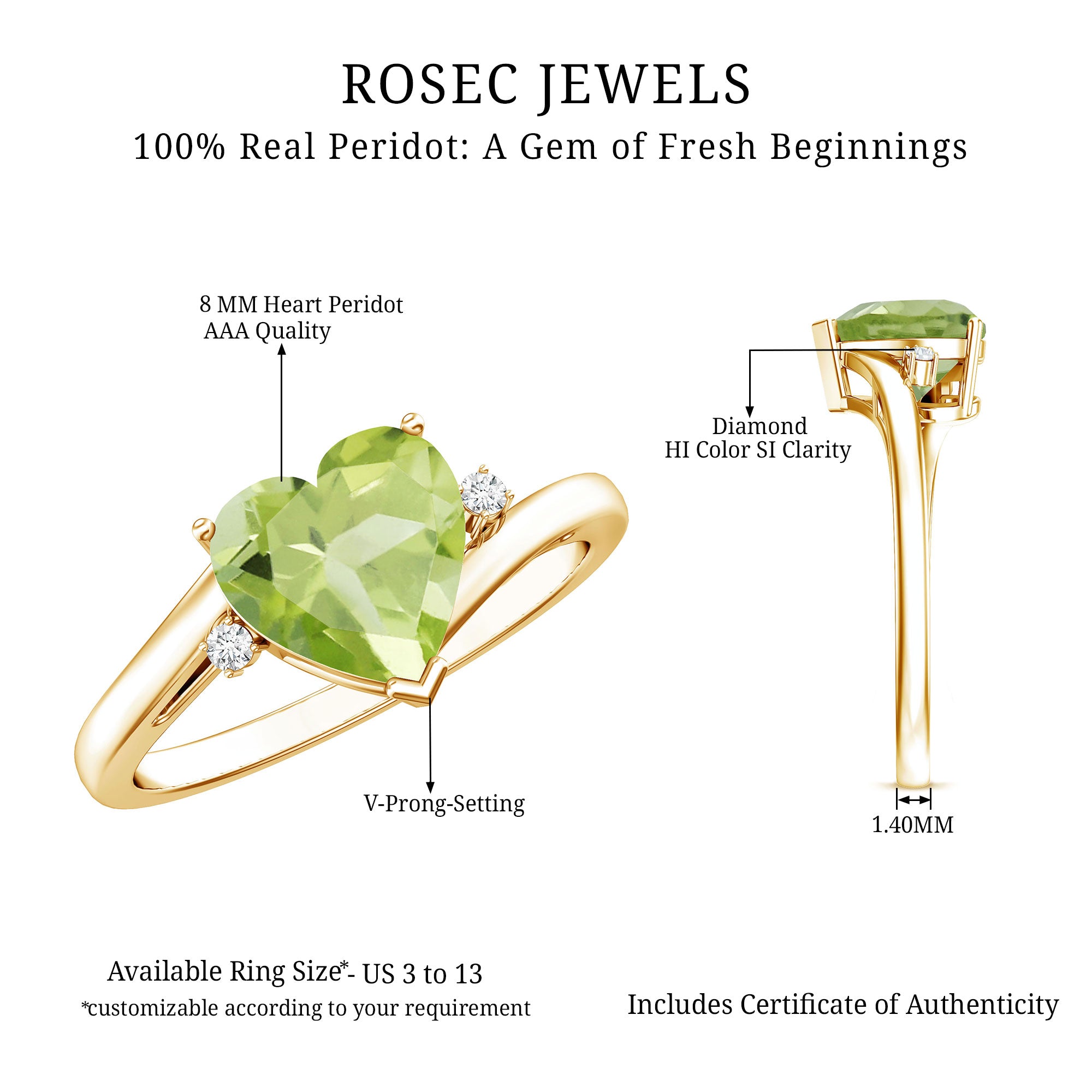 Real 2 Carat Peridot Heart Engagement Ring with Diamond AAA - Rosec Jewels