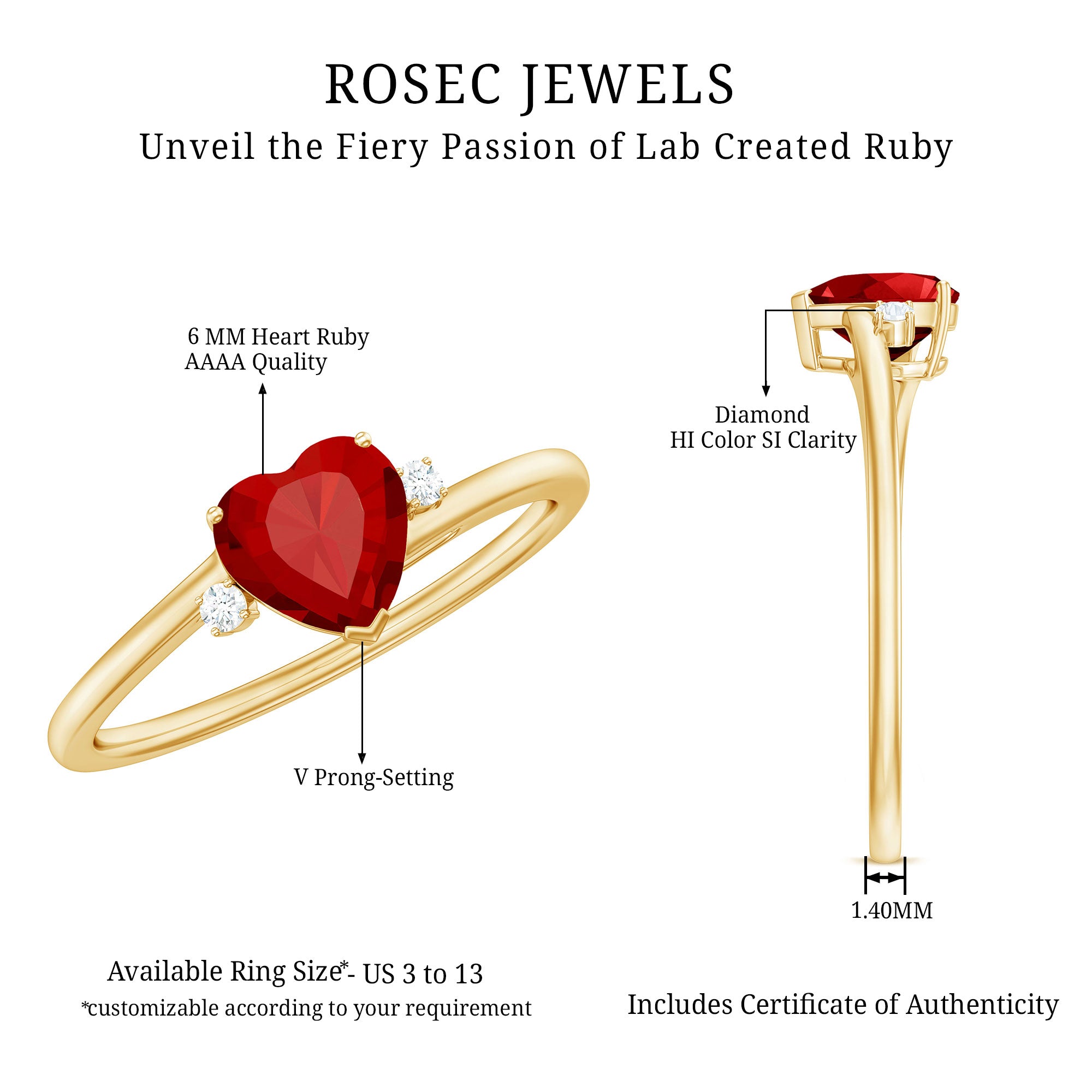 Rosec Jewels-Heart Shape Lab Grown Ruby Solitaire Promise Ring with Diamond