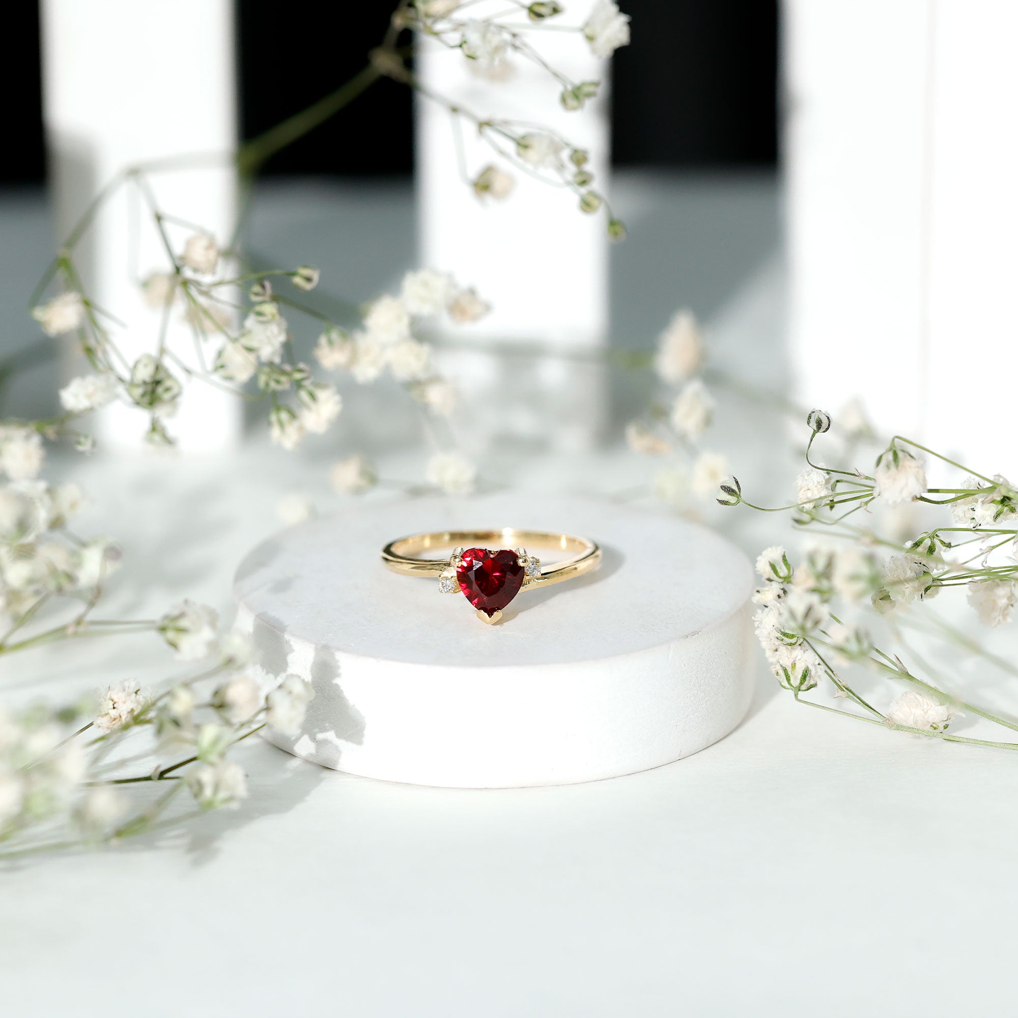 Rosec Jewels-Heart Shape Lab Grown Ruby Solitaire Promise Ring with Diamond