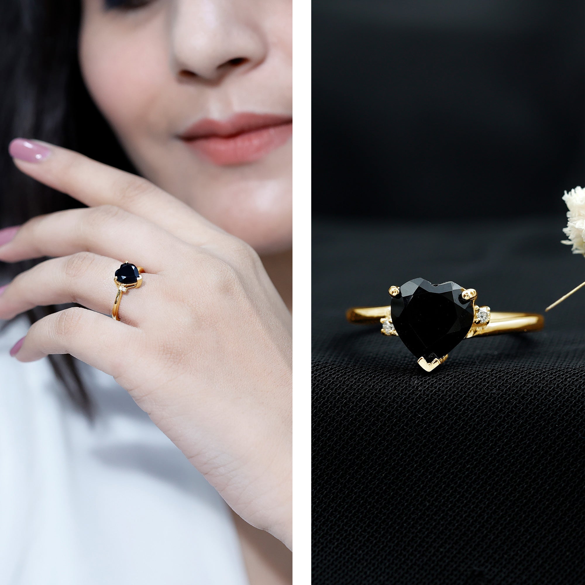 Heart Shaped Black Onyx Engagement Ring with Diamonds AAA - Rosec Jewels