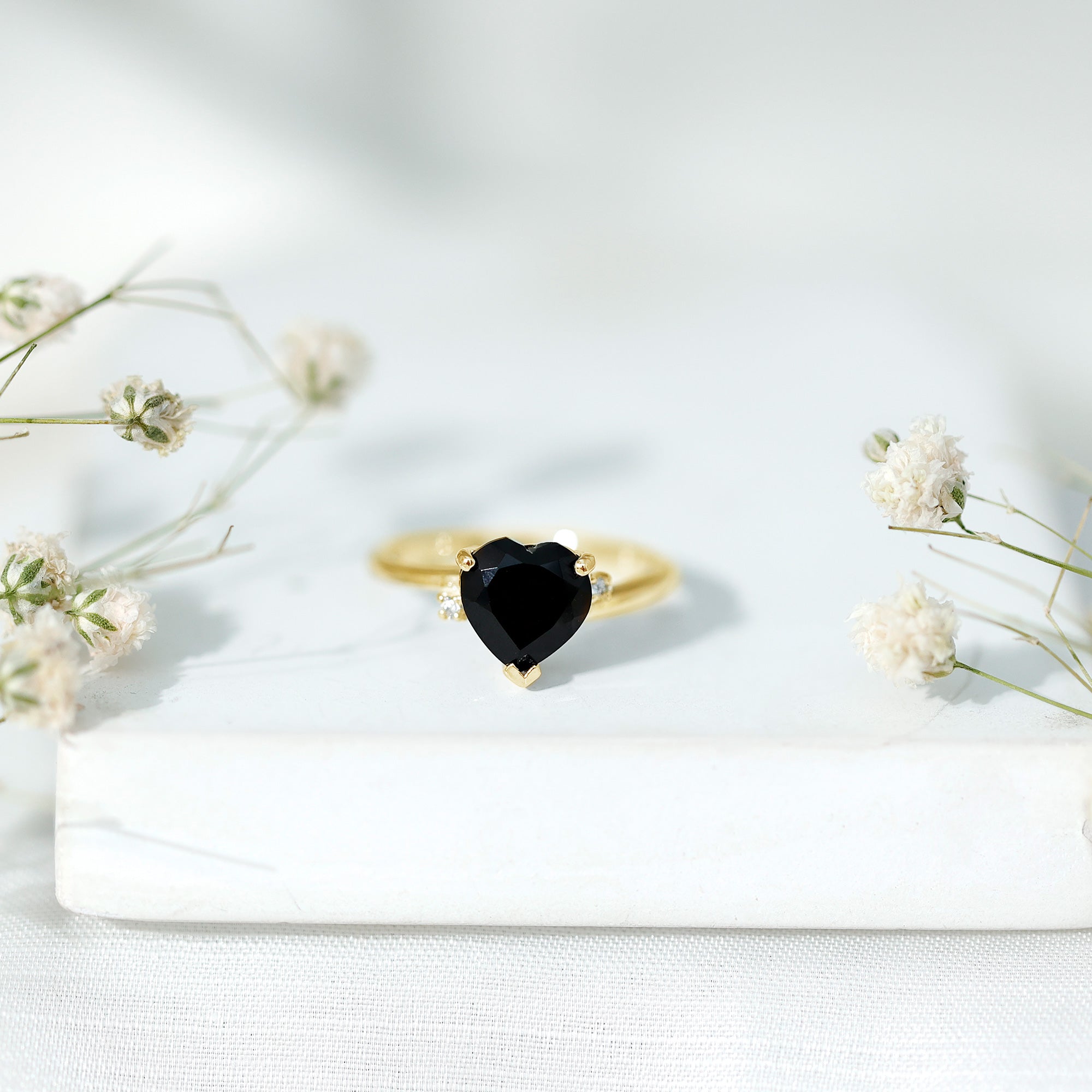 Heart Shaped Black Onyx Engagement Ring with Diamonds AAA - Rosec Jewels