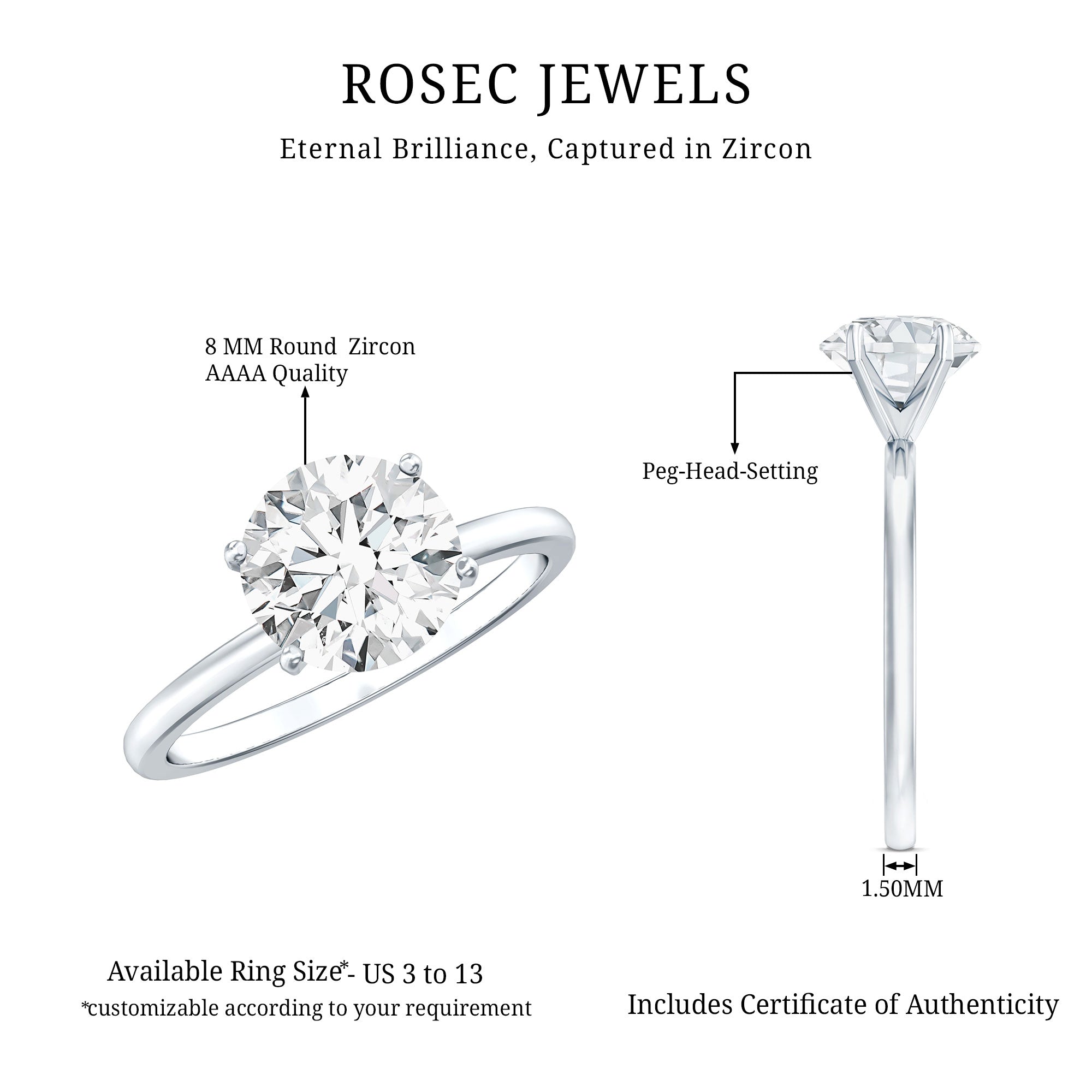 2 CT Simple Round Zircon Solitaire Ring in Peg Head Setting AAAA - Rosec Jewels