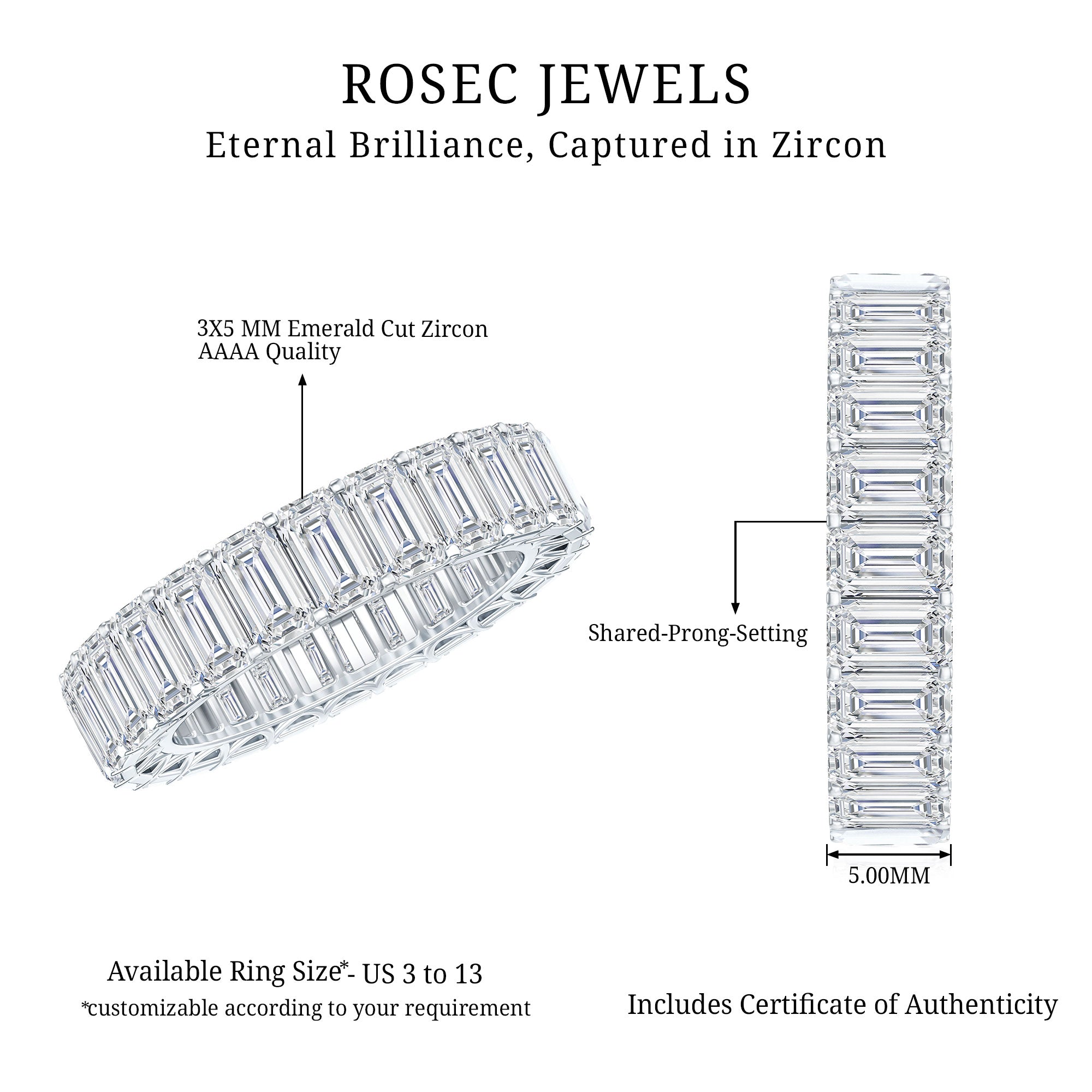 Emerald Cut Zircon Full Eternity Band Ring AAAA - Rosec Jewels