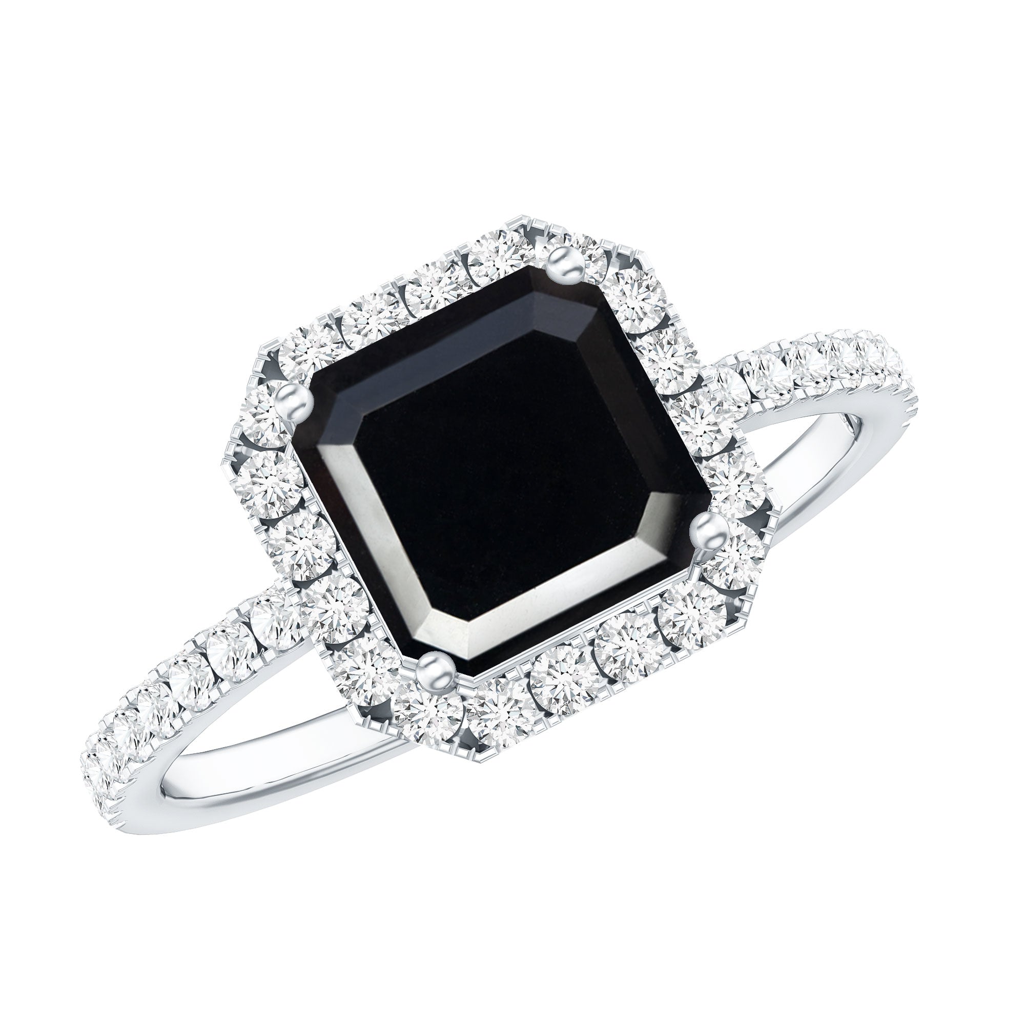 Certified Asscher Cut Black Onyx and Diamond Engagement Ring AAA - Rosec Jewels