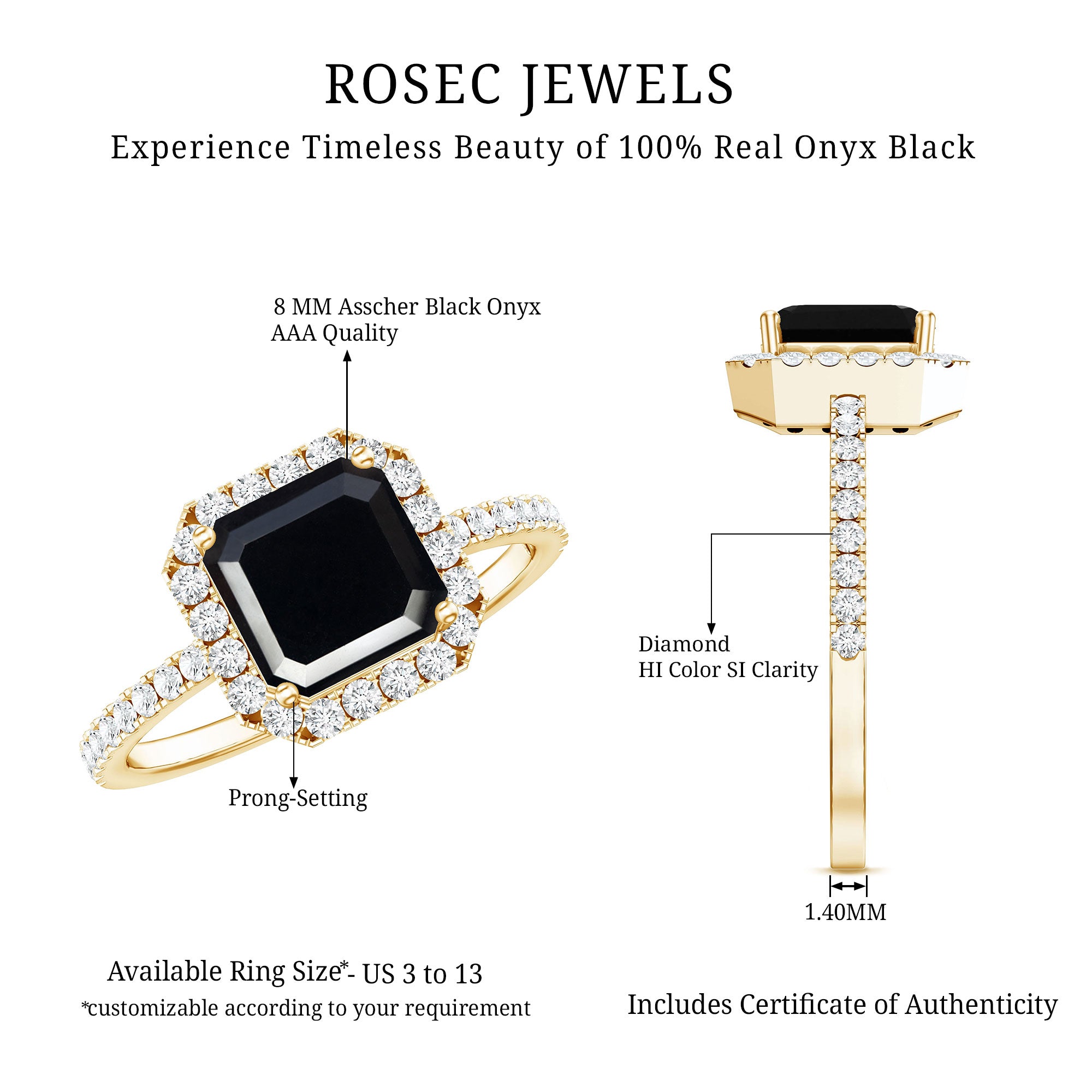 Certified Asscher Cut Black Onyx and Diamond Engagement Ring AAA - Rosec Jewels