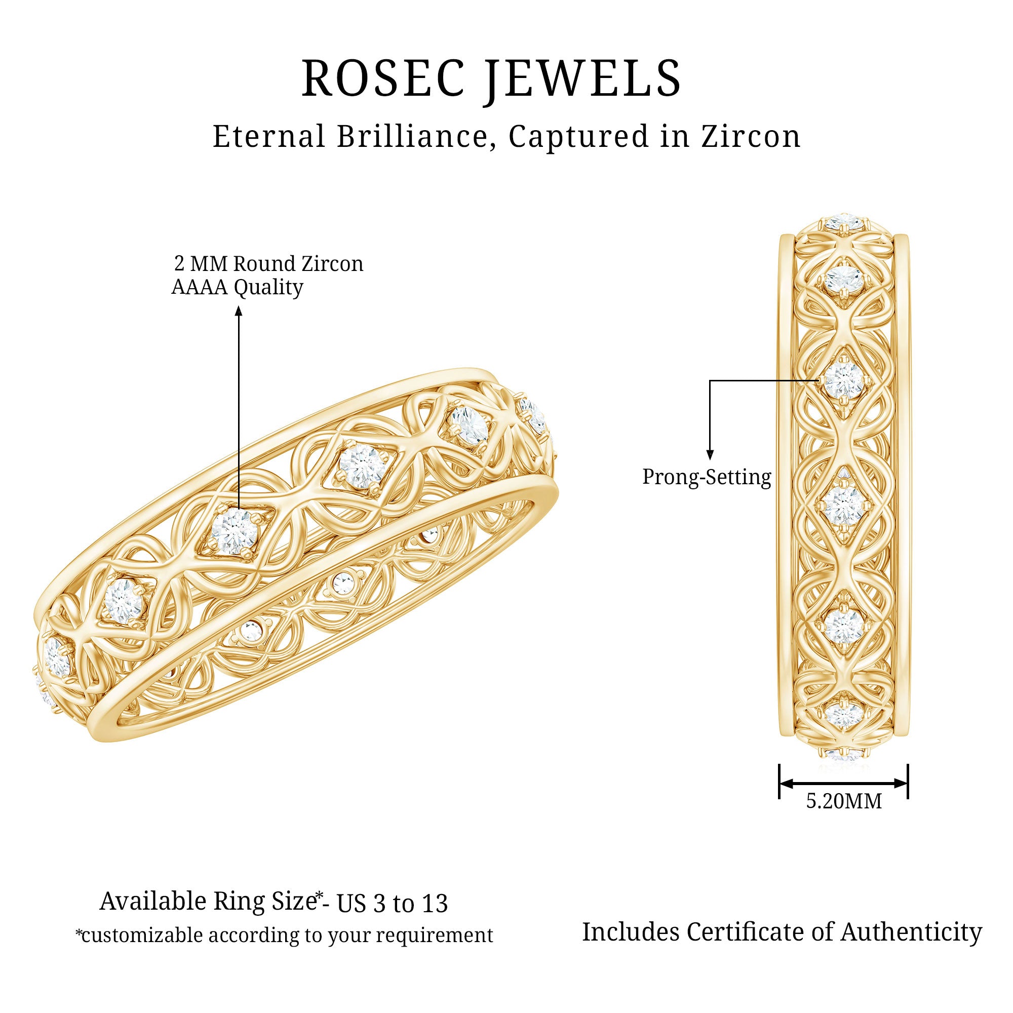 Vintage Inspired Zircon Celtic Knot Full Eternity Band Ring in Gold AAAA - Rosec Jewels