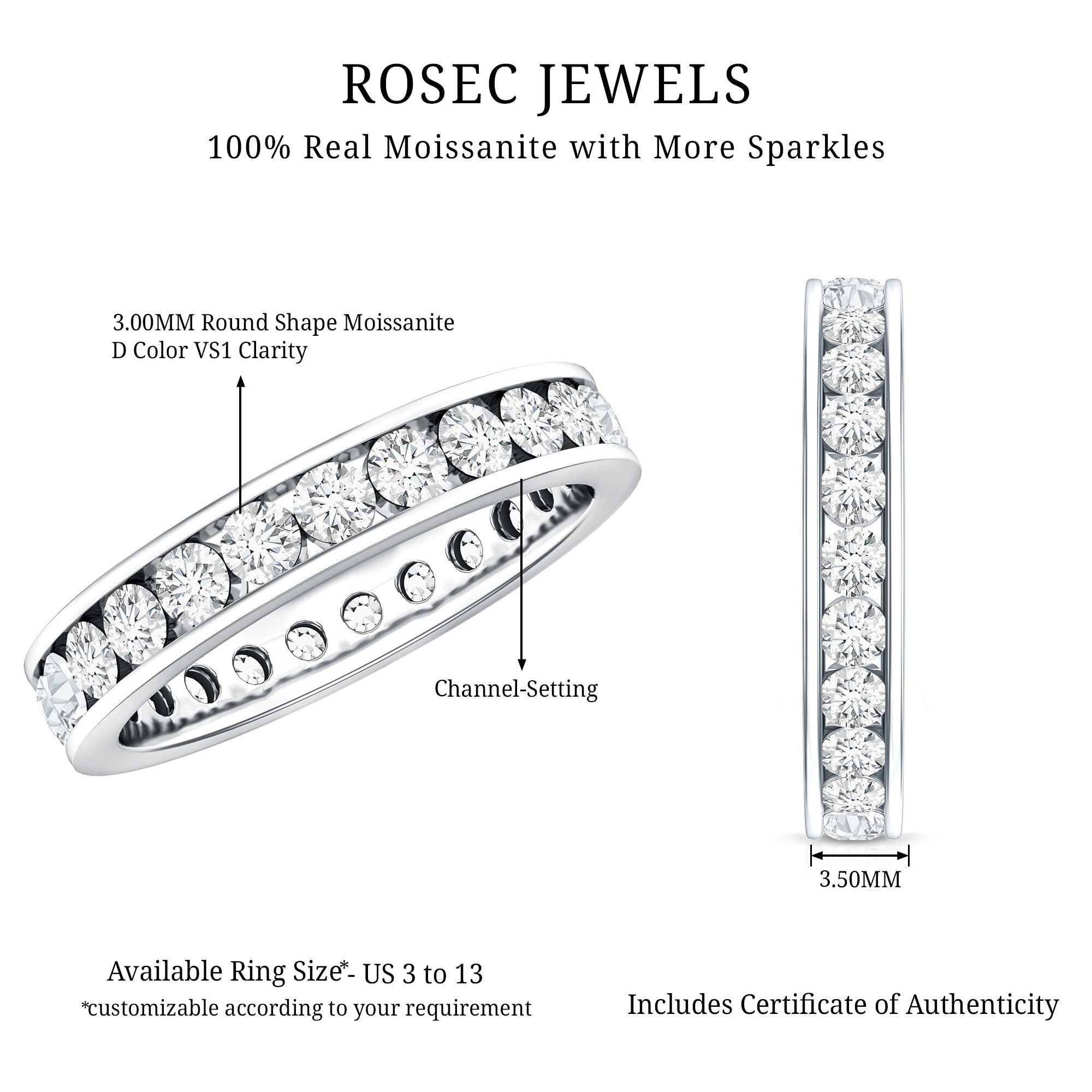 Channel Set Round Moissanite Full Eternity Band Ring D-VS1 - Rosec Jewels