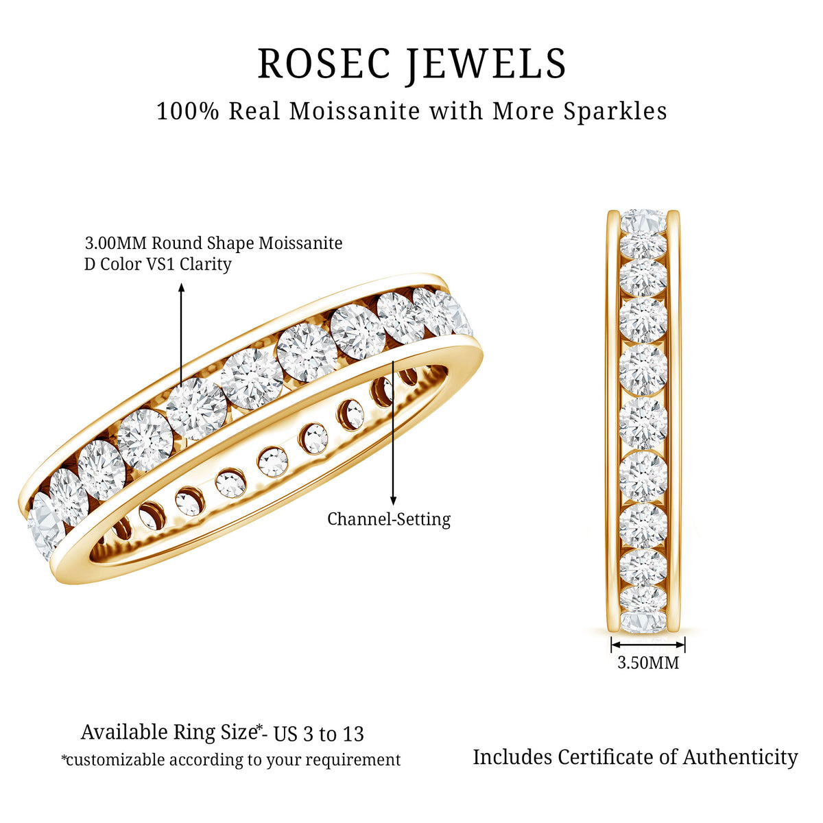 Channel Set Round Moissanite Full Eternity Band Ring D-VS1 - Rosec Jewels