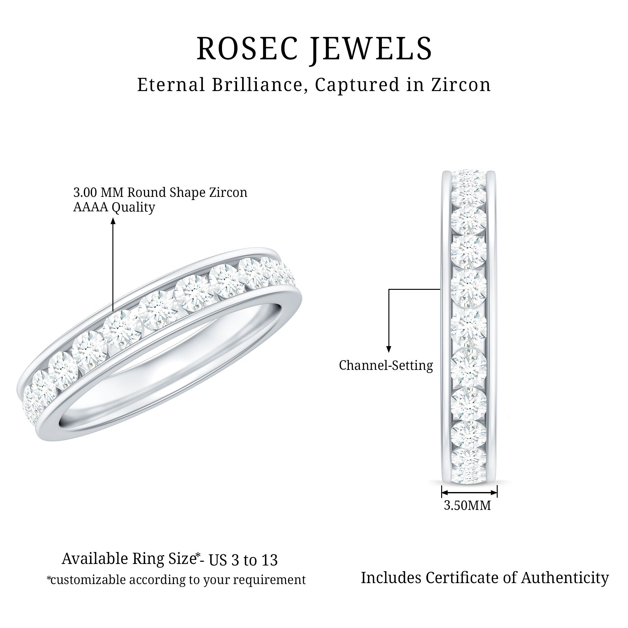 Channel Set Round Cubic Zirconia Full Eternity Band Ring AAAA - Rosec Jewels