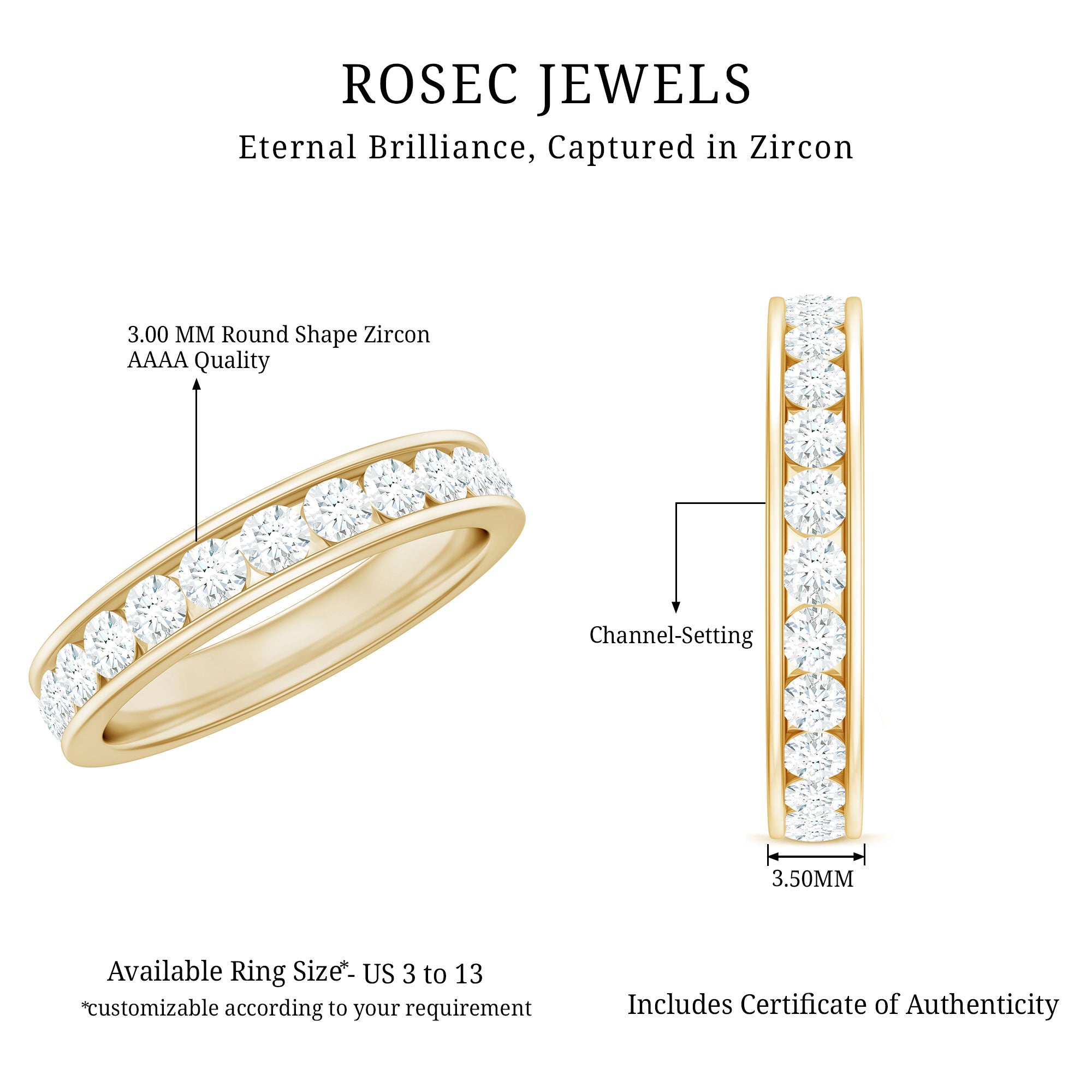 Channel Set Round Cubic Zirconia Full Eternity Band Ring AAAA - Rosec Jewels
