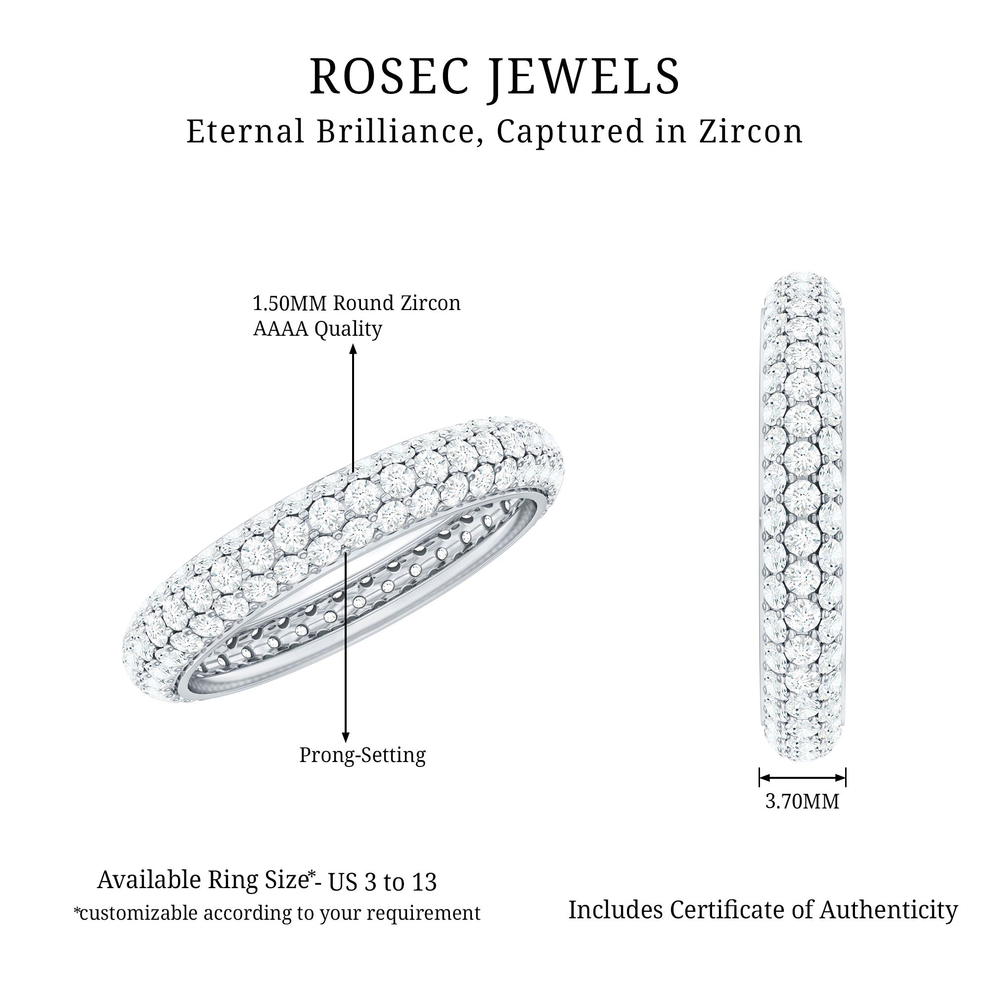 3 Carat Certified Simulated Diamond Three Row Wedding Band AAAA - Rosec Jewels