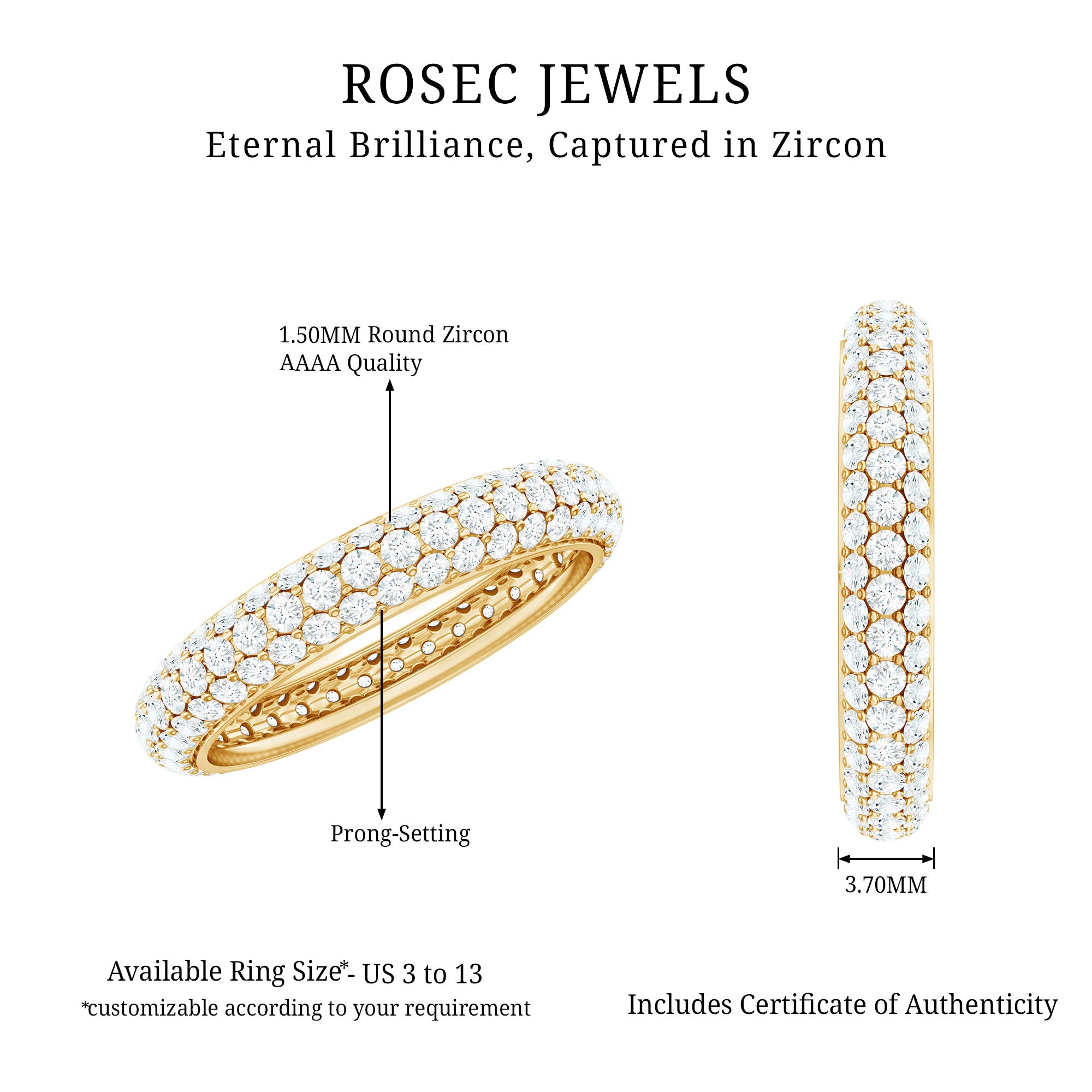 3 Carat Certified Simulated Diamond Three Row Wedding Band AAAA - Rosec Jewels