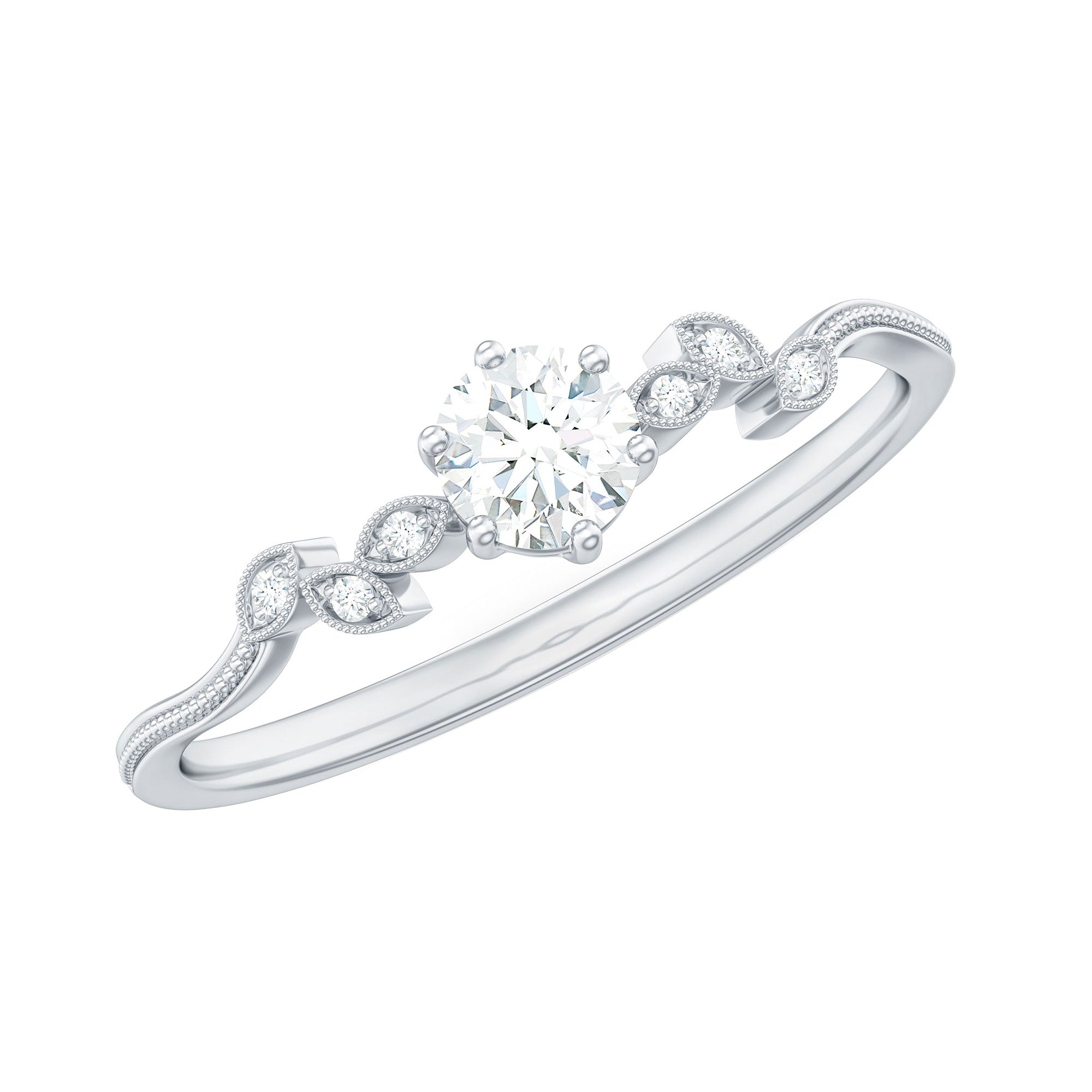 Rosec Jewels-Minimalist Moissanite Leaf Promise Ring with Beaded Detail
