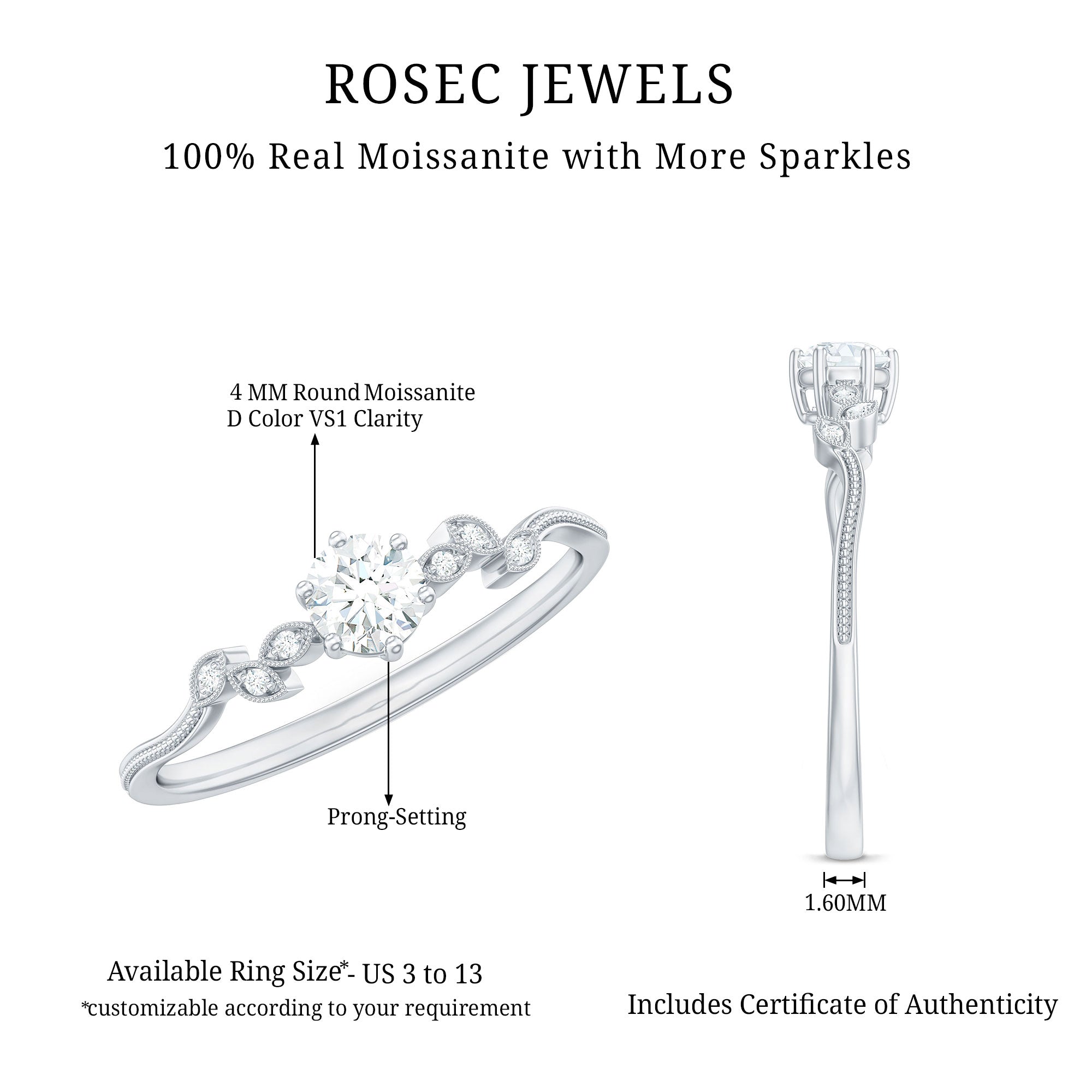 Rosec Jewels-Minimalist Moissanite Leaf Promise Ring with Beaded Detail