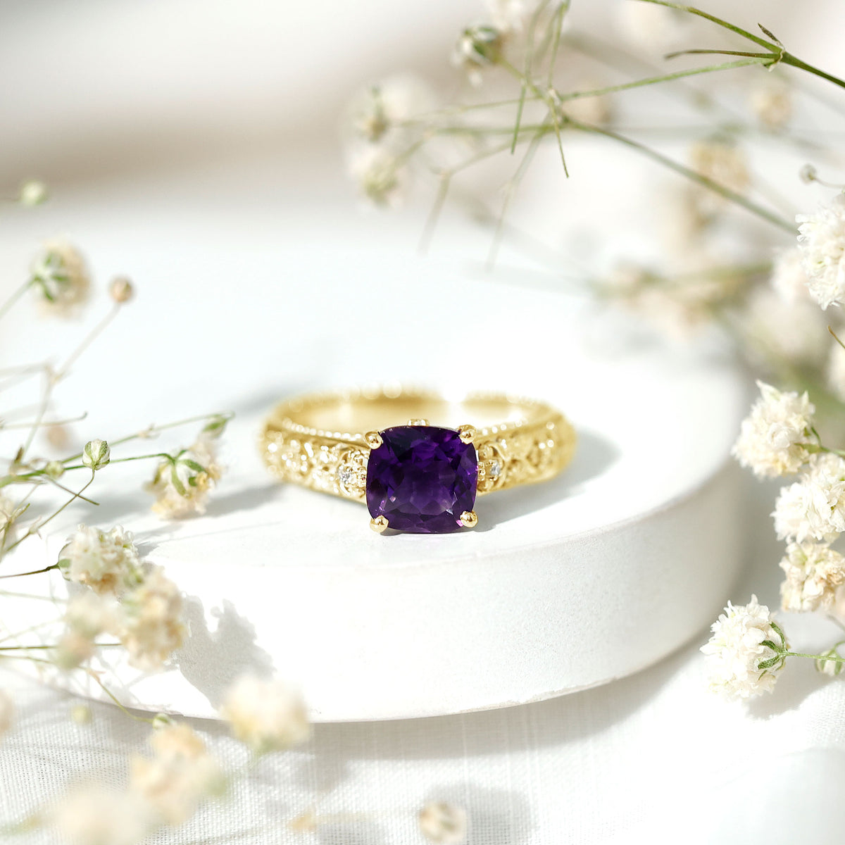 Vintage Inspired 2 Carat Amethyst Cushion Cut Engagement Ring with Diamond AAA - Rosec Jewels
