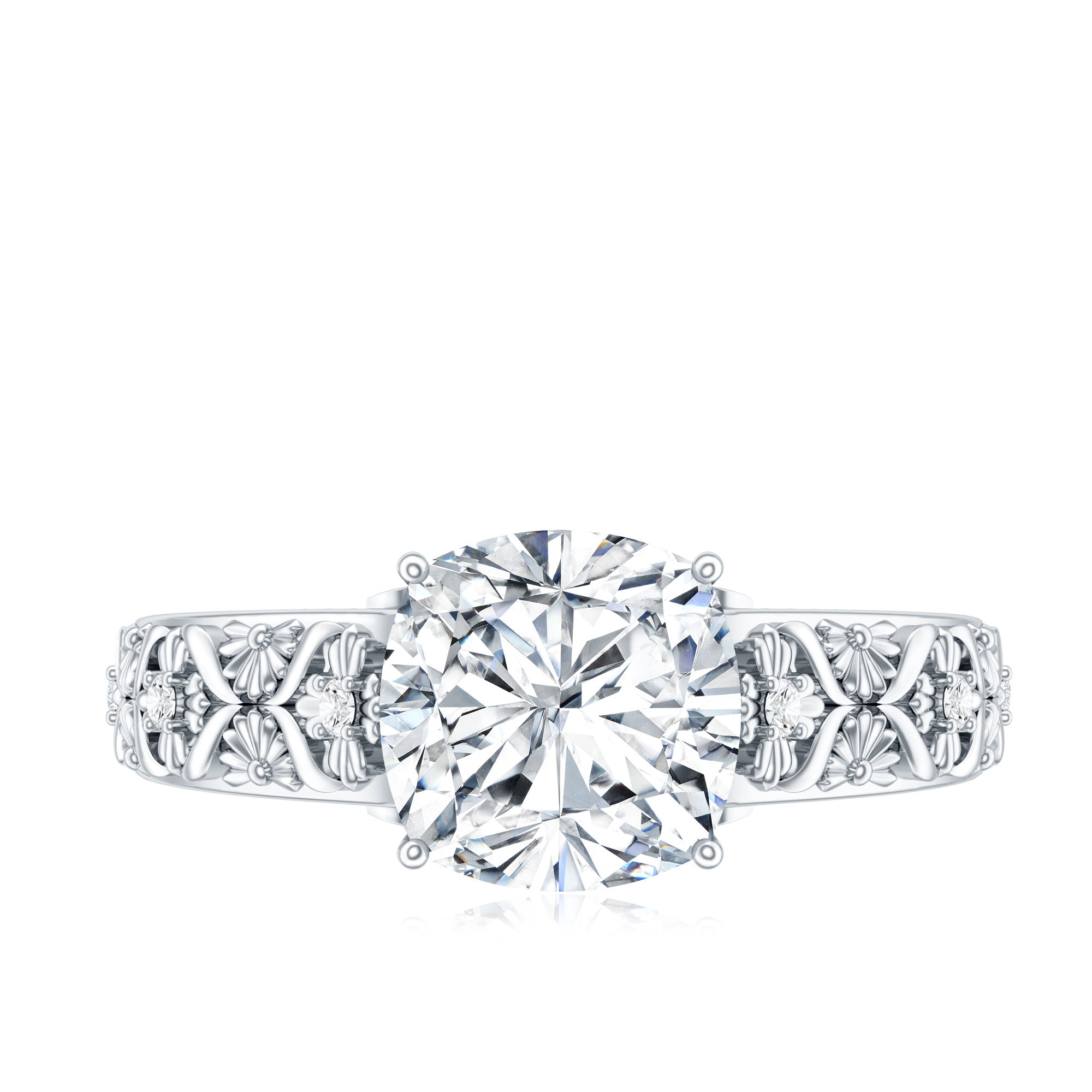 Cushion Cut Solitaire Zircon Gold Floral Engagement Ring AAAA - Rosec Jewels