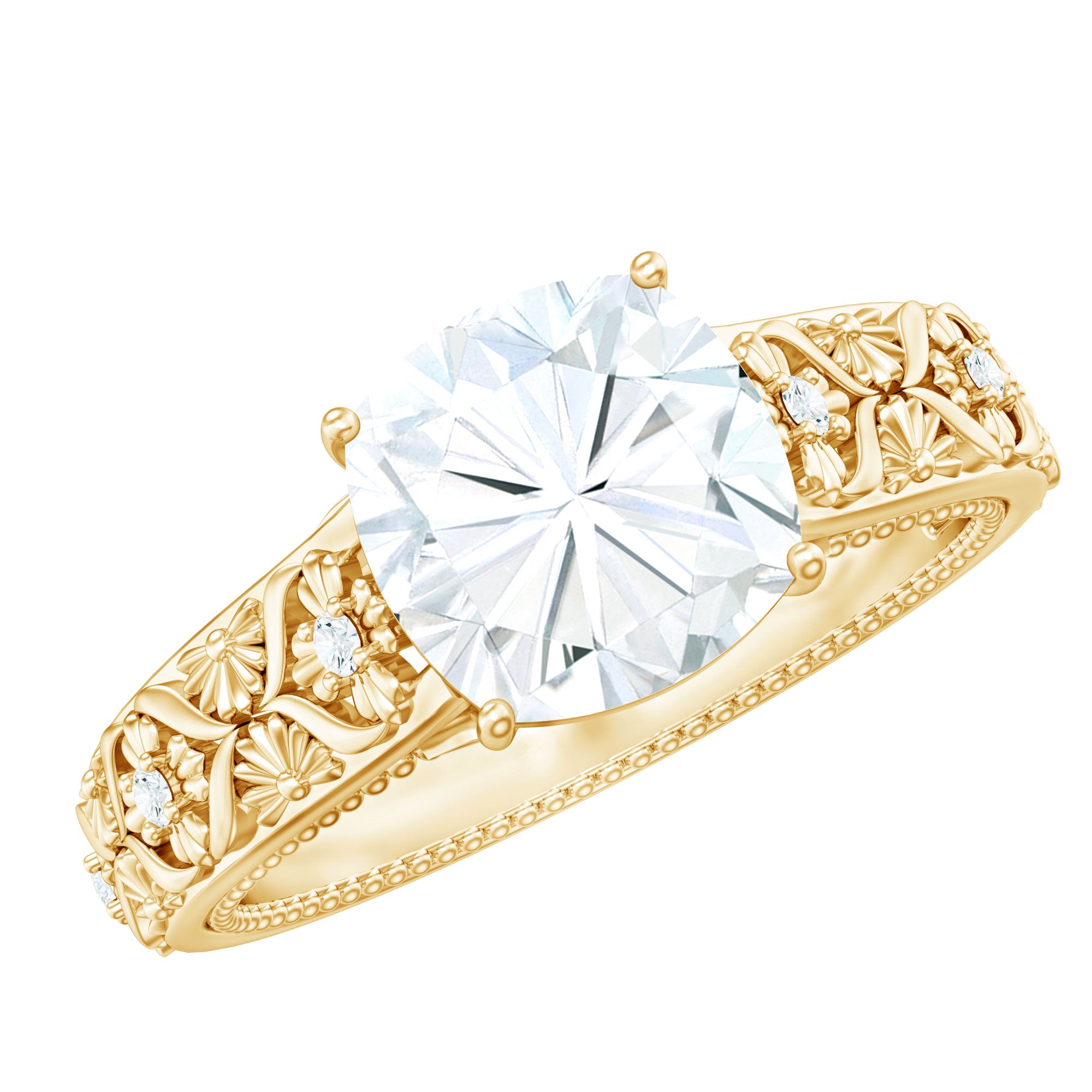 Cushion Cut Solitaire Zircon Gold Floral Engagement Ring AAAA - Rosec Jewels