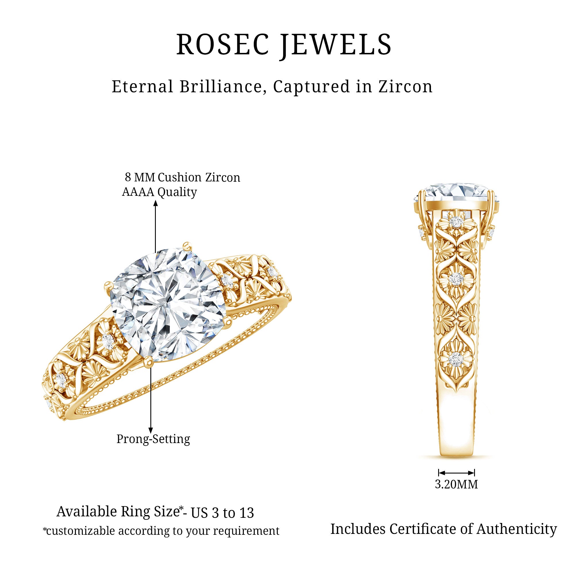 Cushion Cut Solitaire Zircon Gold Floral Engagement Ring AAAA - Rosec Jewels