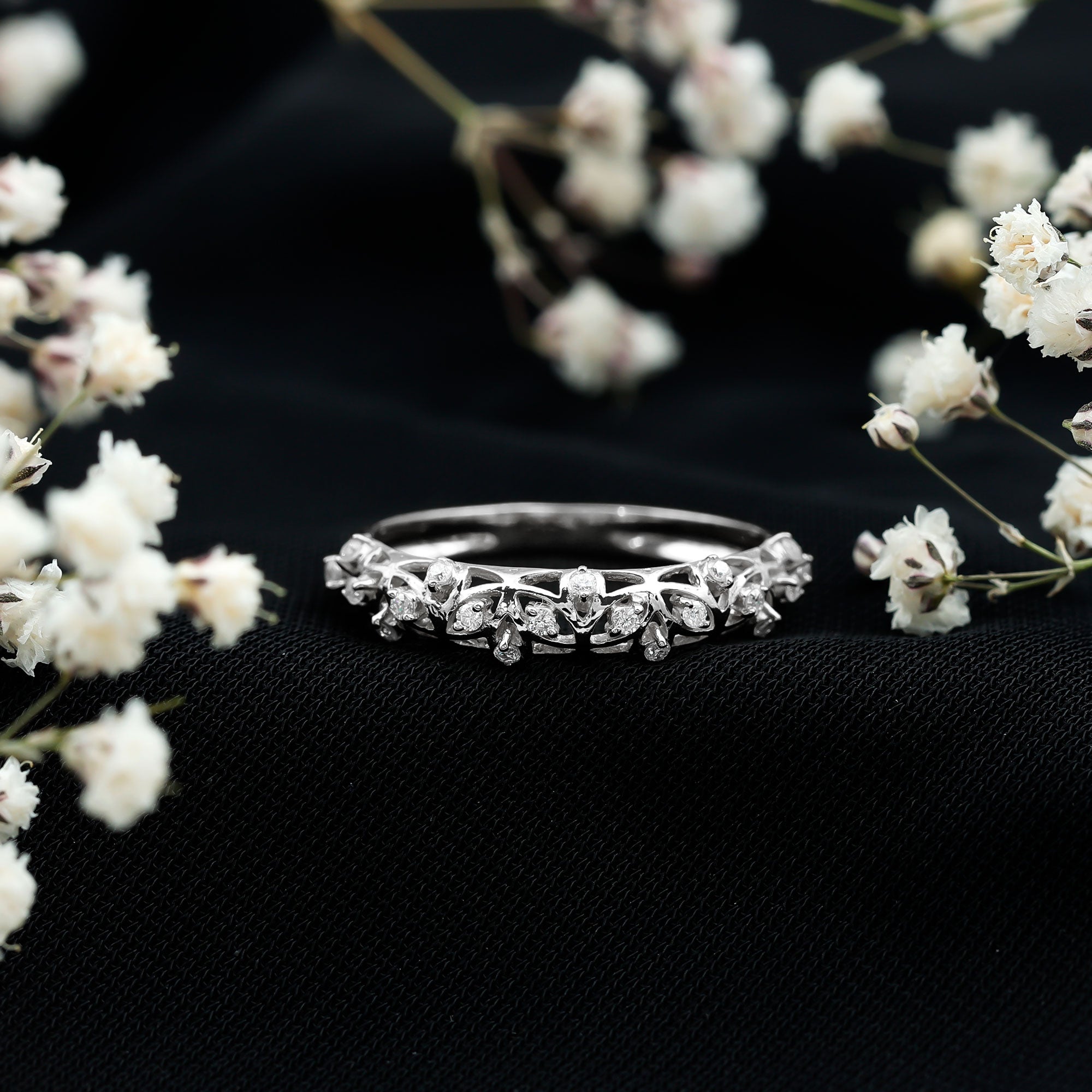 Round Zircon Semi Eternity Band with Filigree Details AAAA - Rosec Jewels