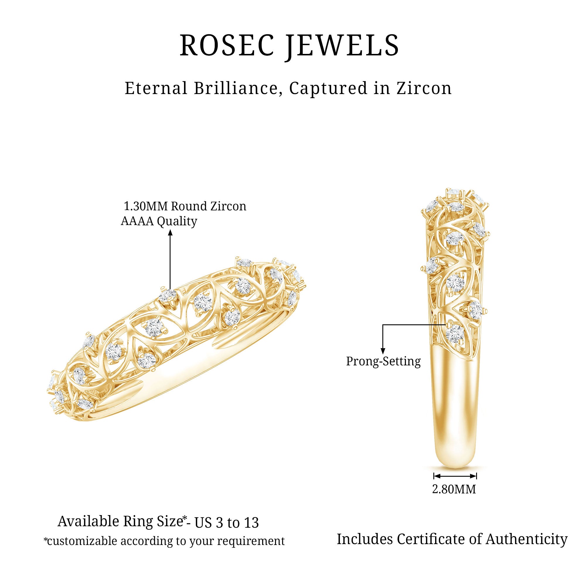 Round Zircon Semi Eternity Band with Filigree Details AAAA - Rosec Jewels