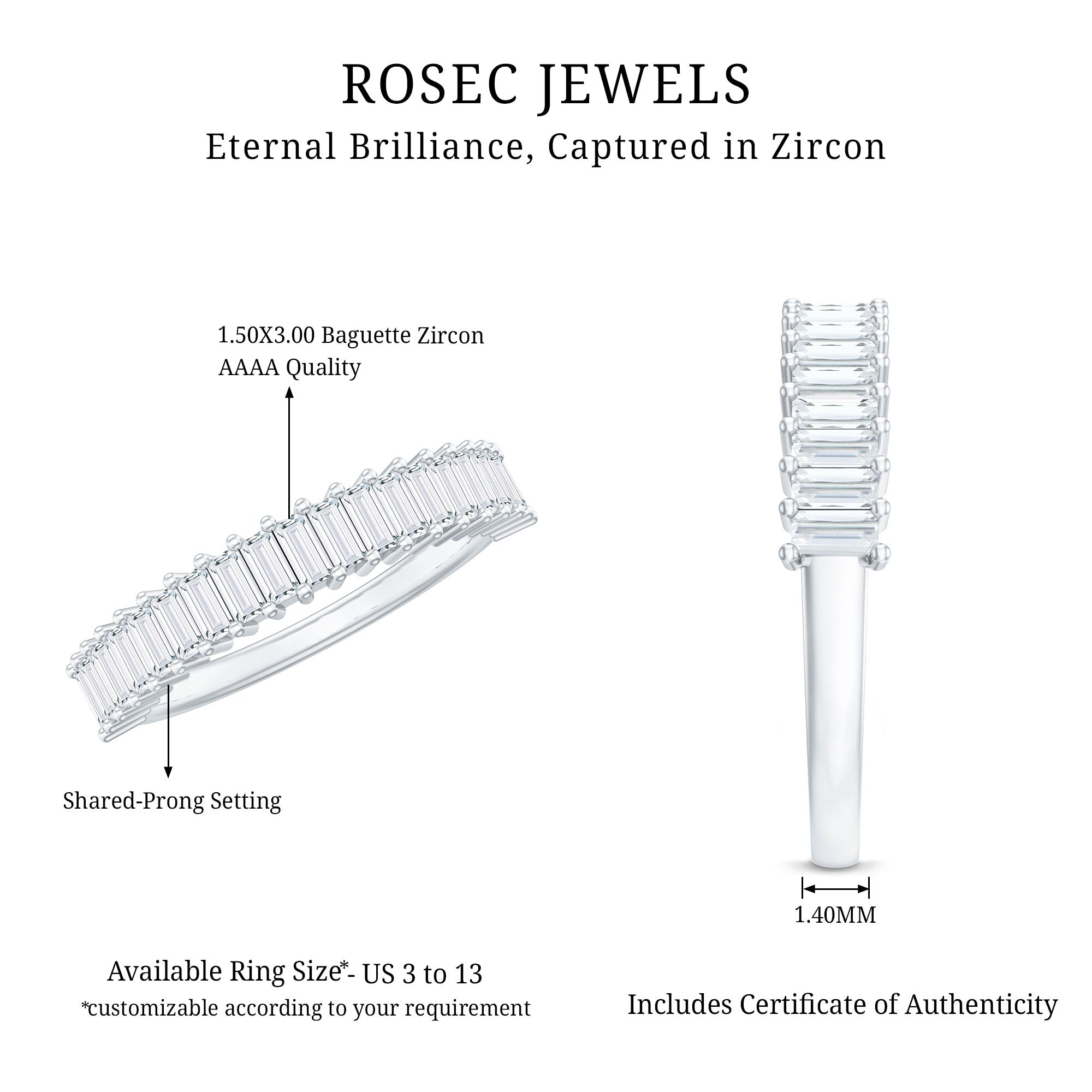 Minimal Baguette Cut Cubic Zirconia Half Eternity Ring AAAA - Rosec Jewels