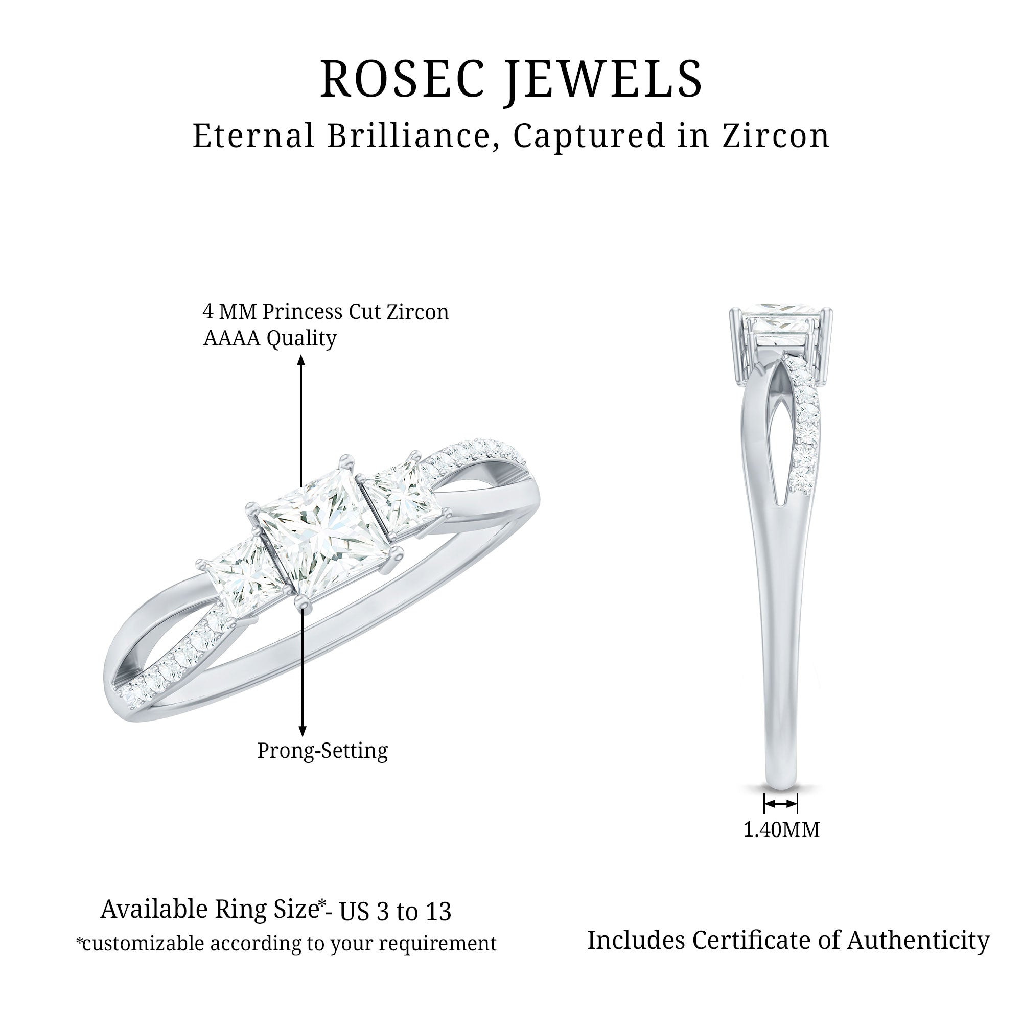 3/4 CT Princess Cut Three Stone Zircon Infinity Promise Ring AAAA - Rosec Jewels