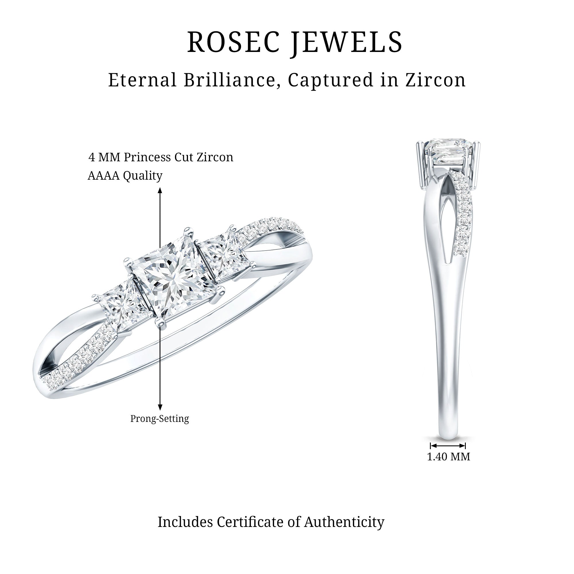 3/4 CT Princess Cut Three Stone Zircon Infinity Promise Ring AAAA - Rosec Jewels