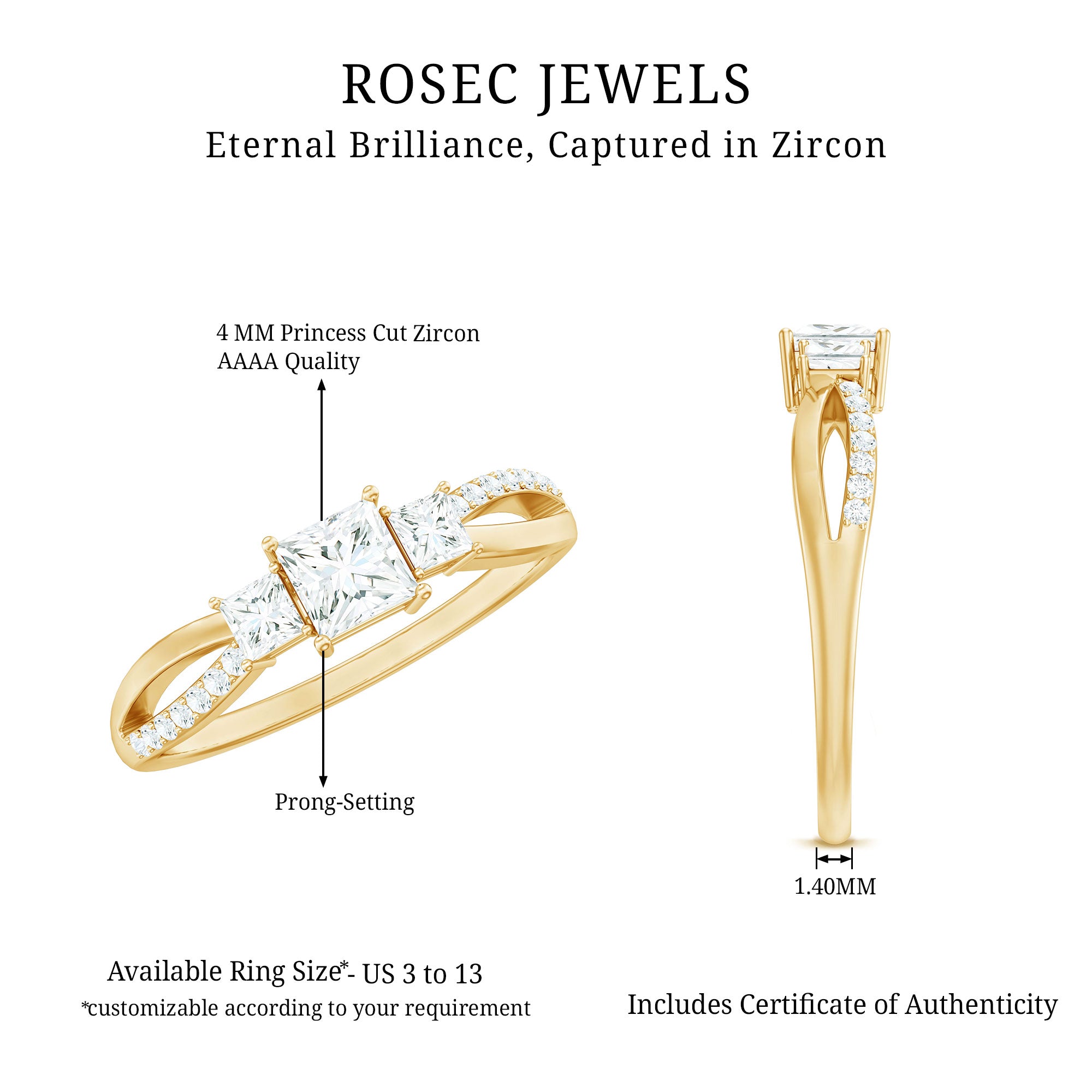 3/4 CT Princess Cut Three Stone Zircon Infinity Promise Ring AAAA - Rosec Jewels
