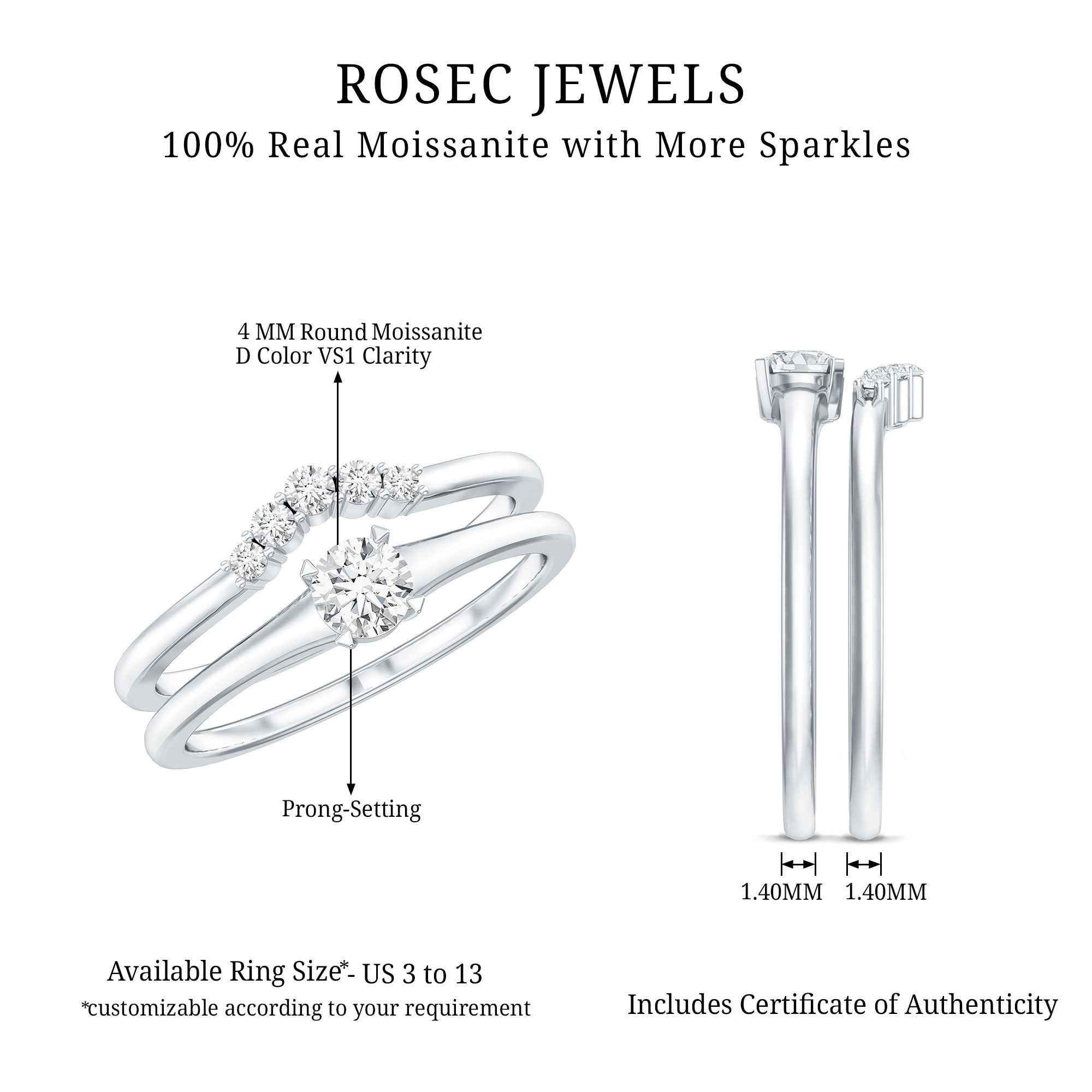 Round Cut Moissanite Engagement Ring with Wedding Band D-VS1 - Rosec Jewels