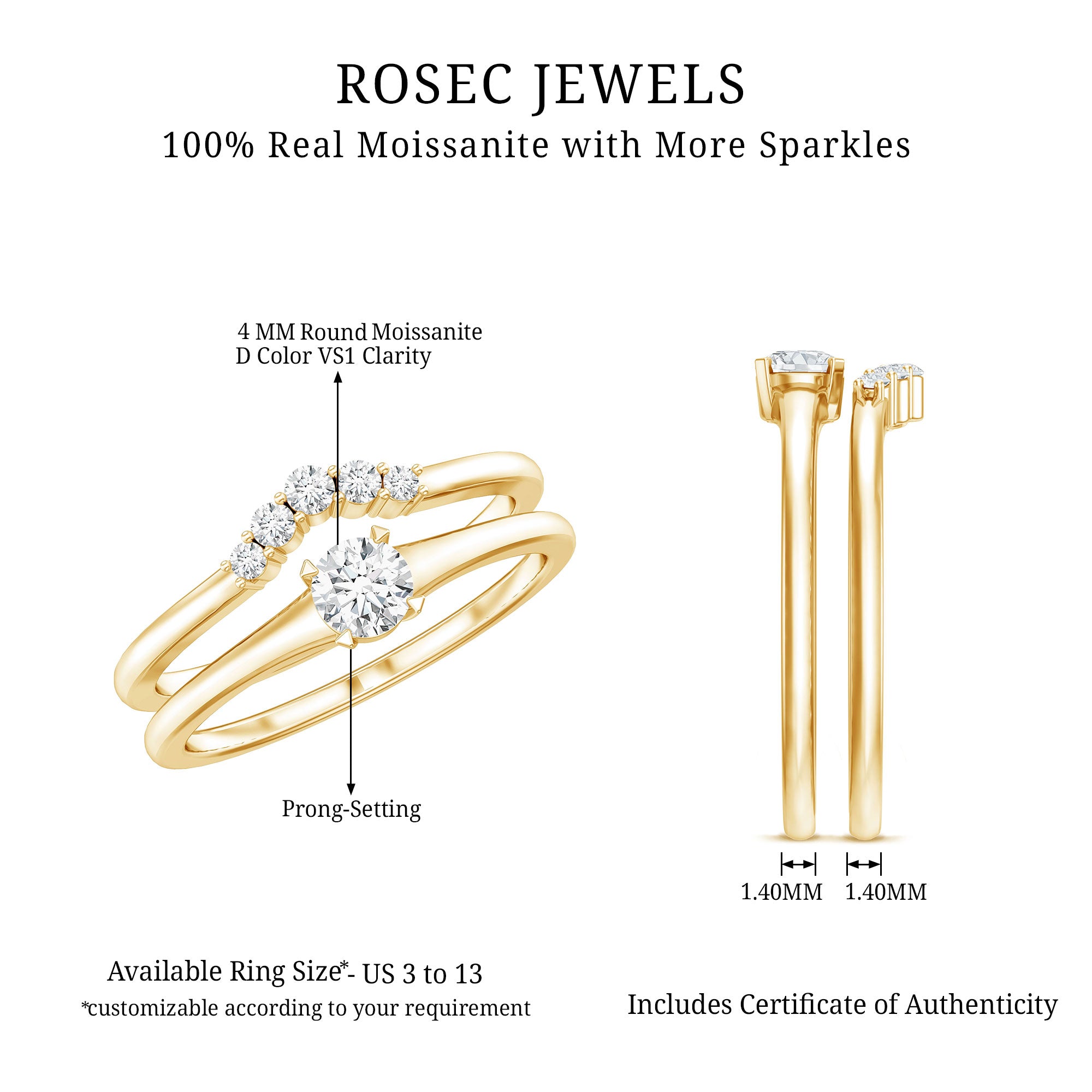 Round Cut Moissanite Engagement Ring with Wedding Band D-VS1 - Rosec Jewels