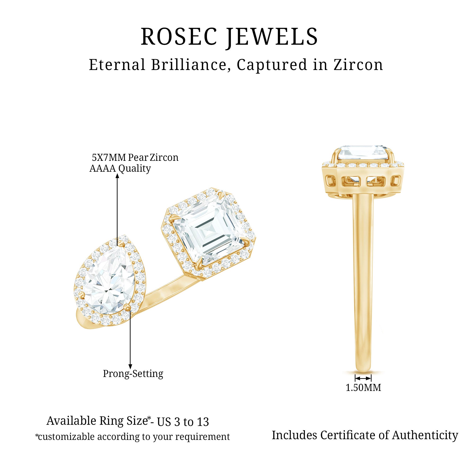 Certified Simulated Diamond Two Stone Cuff Engagement Ring AAAA - Rosec Jewels