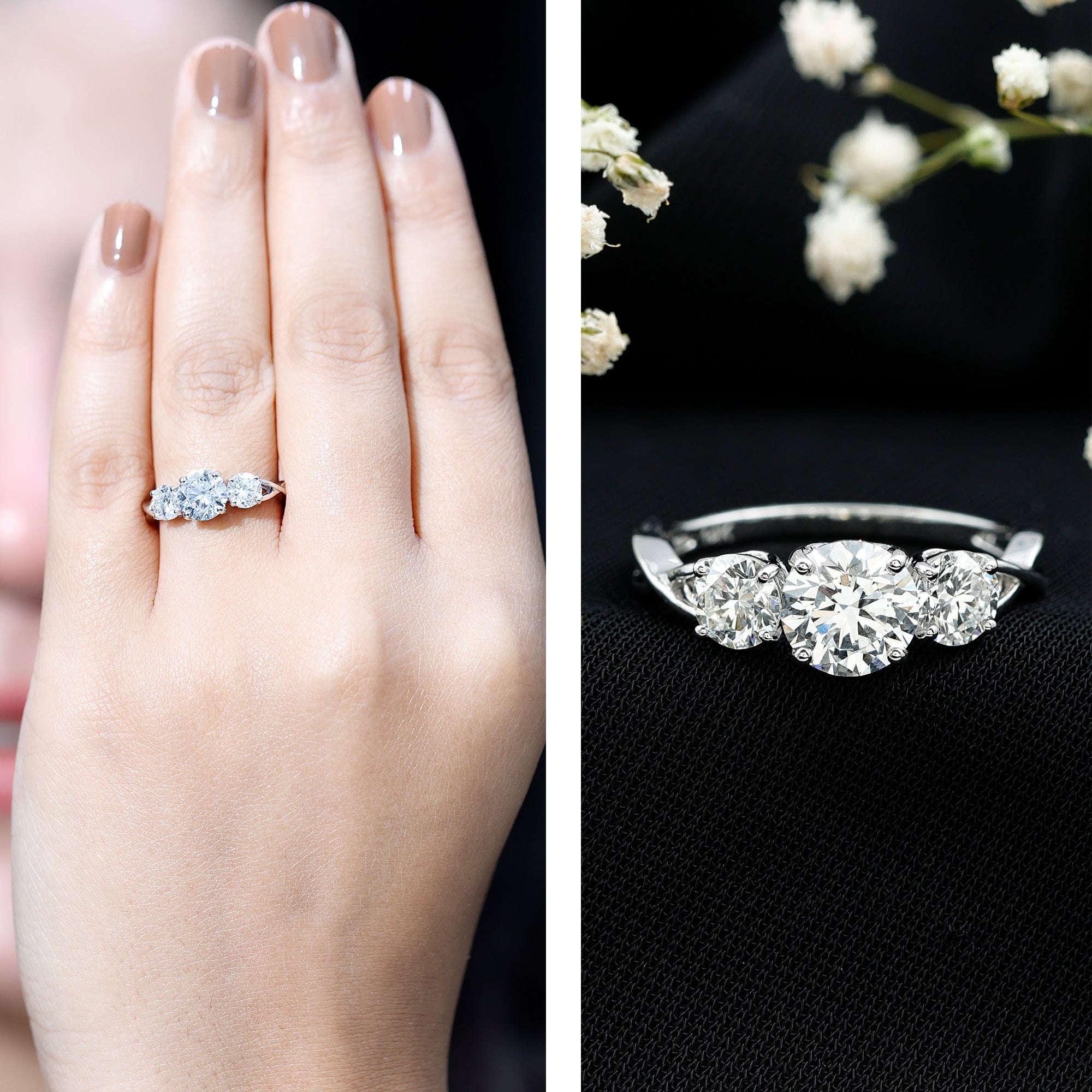 3 Stone Round Cubic Zirconia Crossover Engagement Ring AAAA - Rosec Jewels