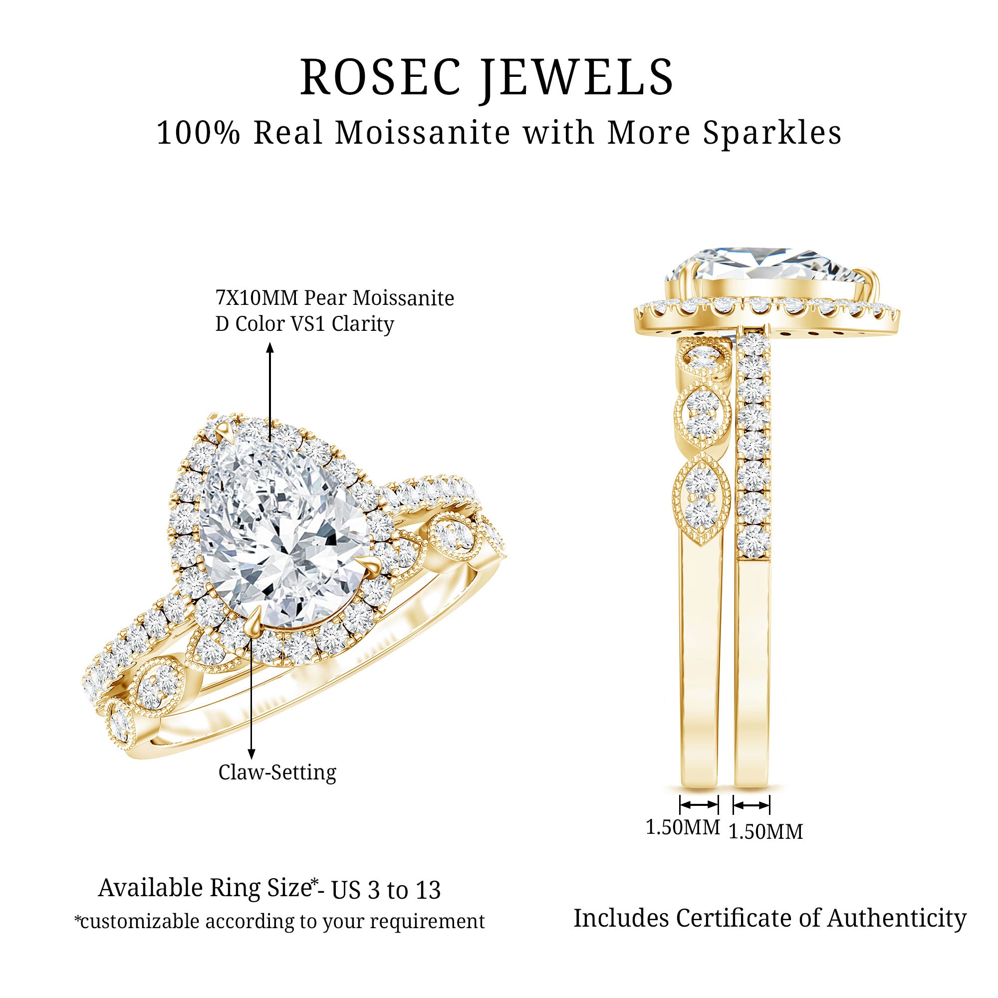 Certified Moissanite Teardrop Engagement Ring Set D-VS1 - Rosec Jewels