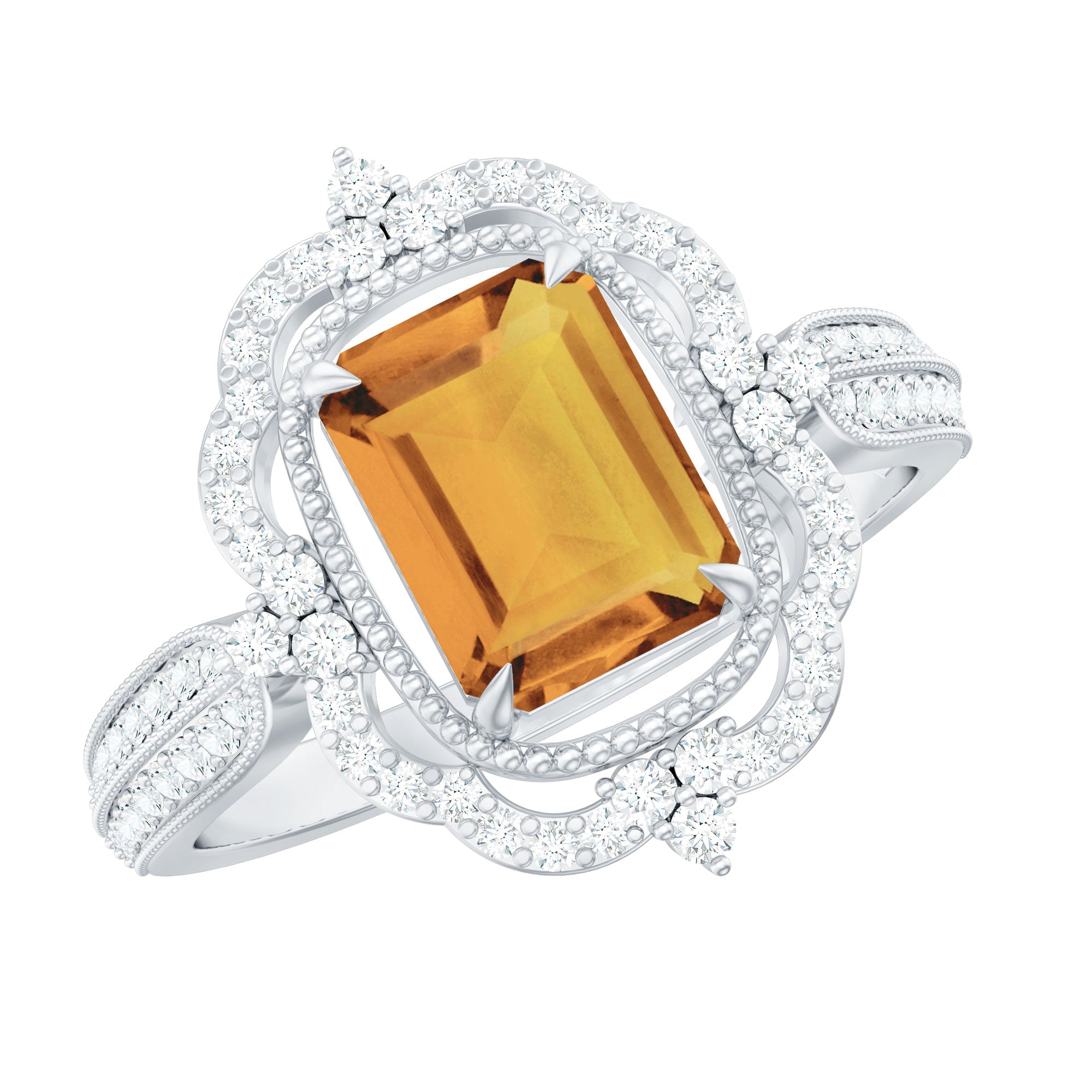 Vintage Style Octagon Citrine Engagement Ring with Moissanite Floral Halo