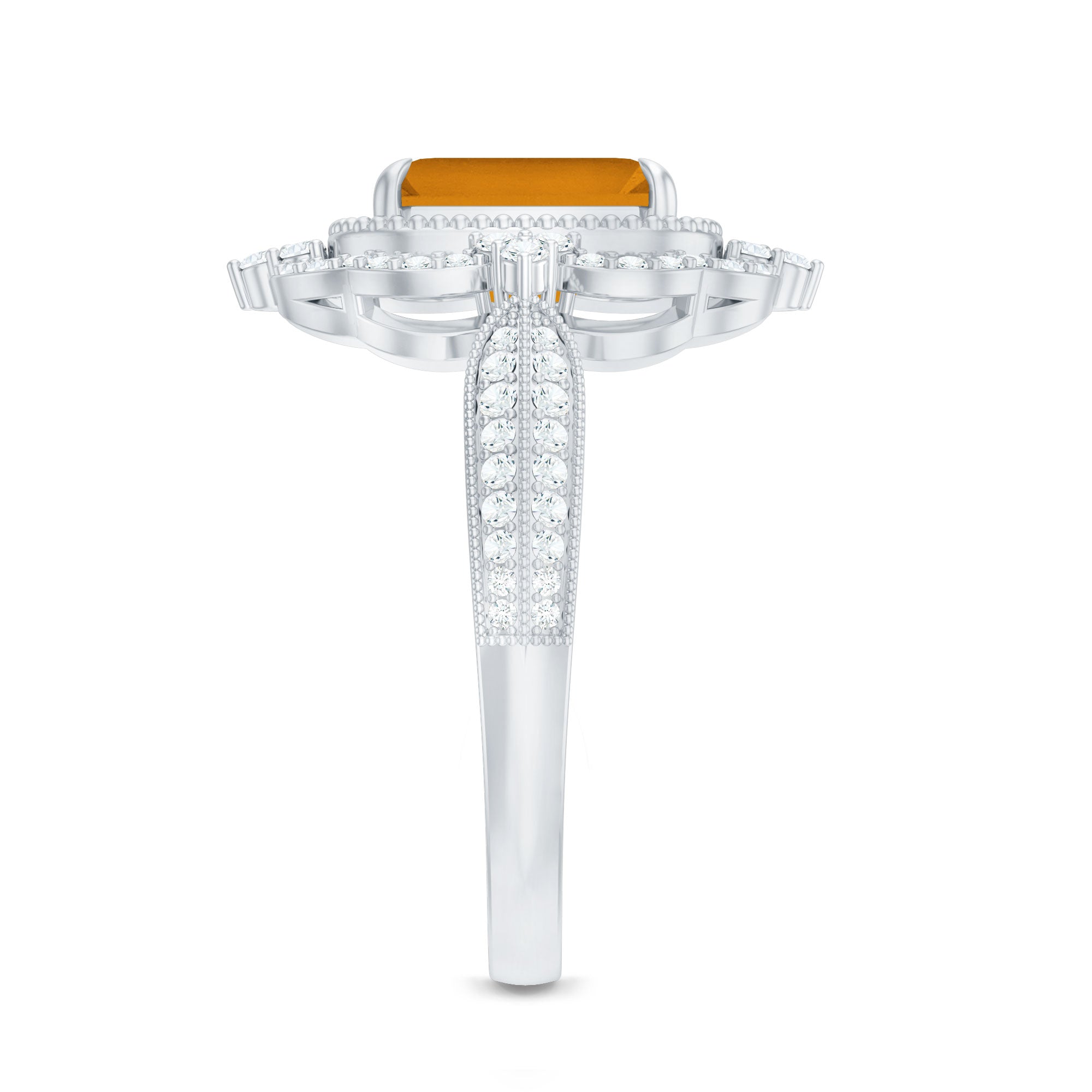 Vintage Inspired Citrine Emerald Cut Engagement Ring with Moissanite Halo AAA - Rosec Jewels