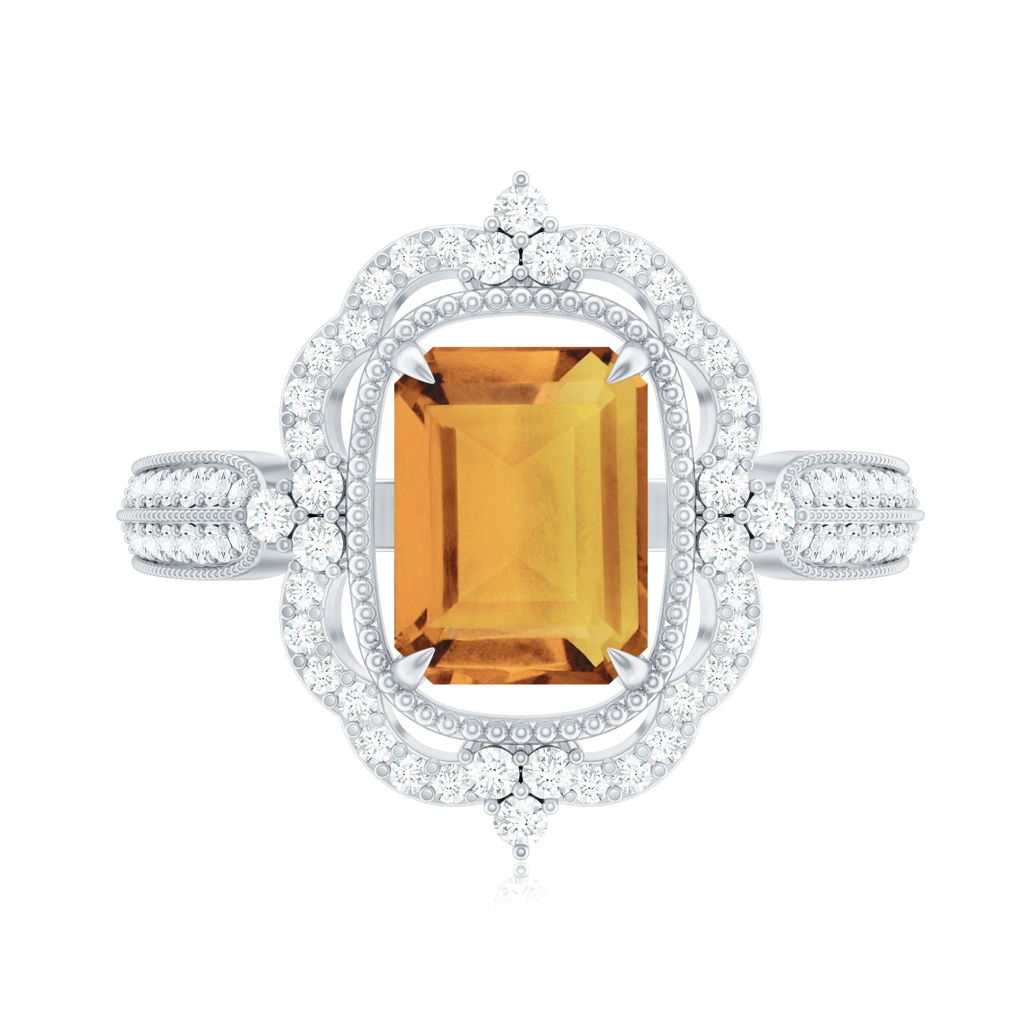 Vintage Inspired Citrine Emerald Cut Engagement Ring with Moissanite Halo AAA - Rosec Jewels