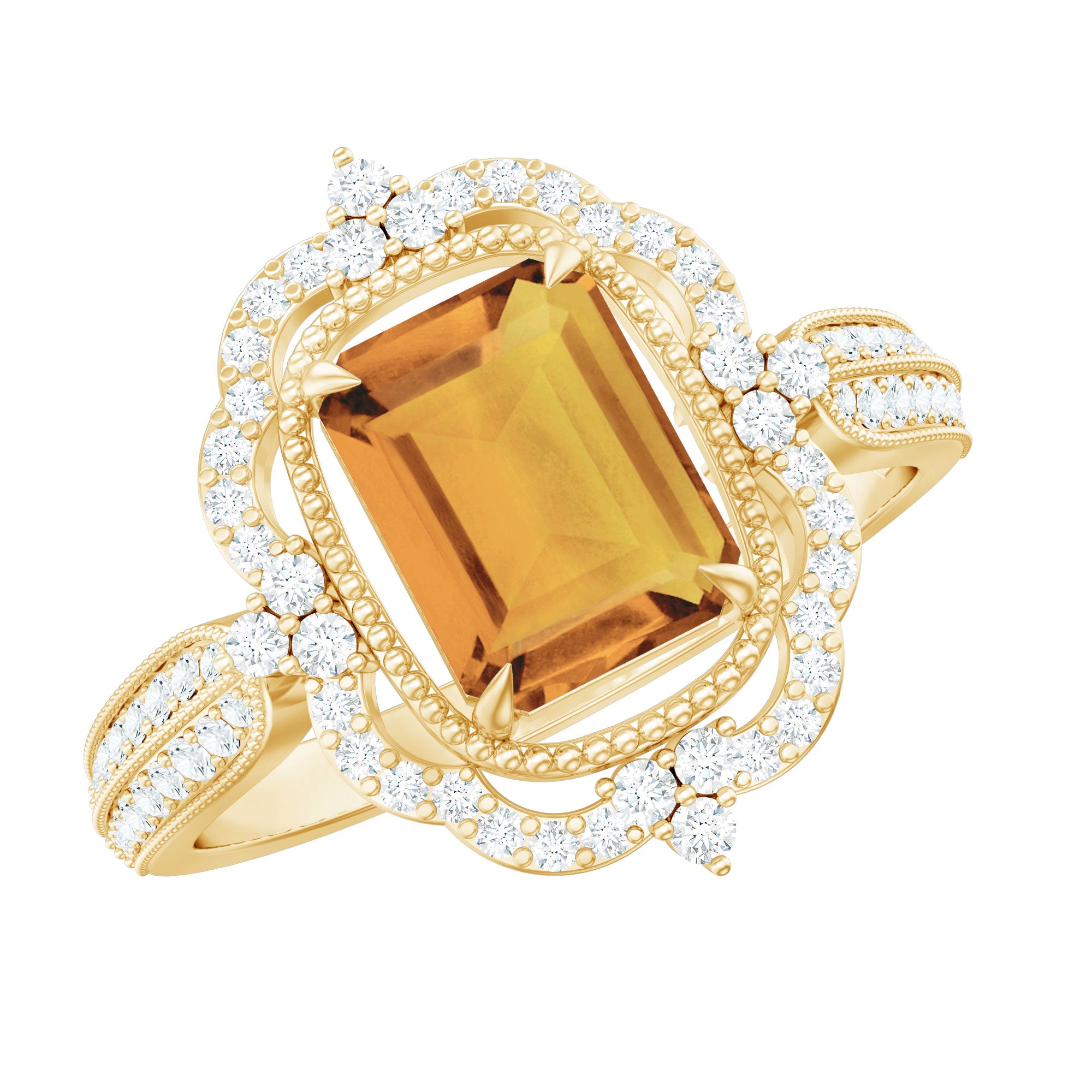 Vintage Inspired Citrine Emerald Cut Engagement Ring with Moissanite Halo AAA - Rosec Jewels