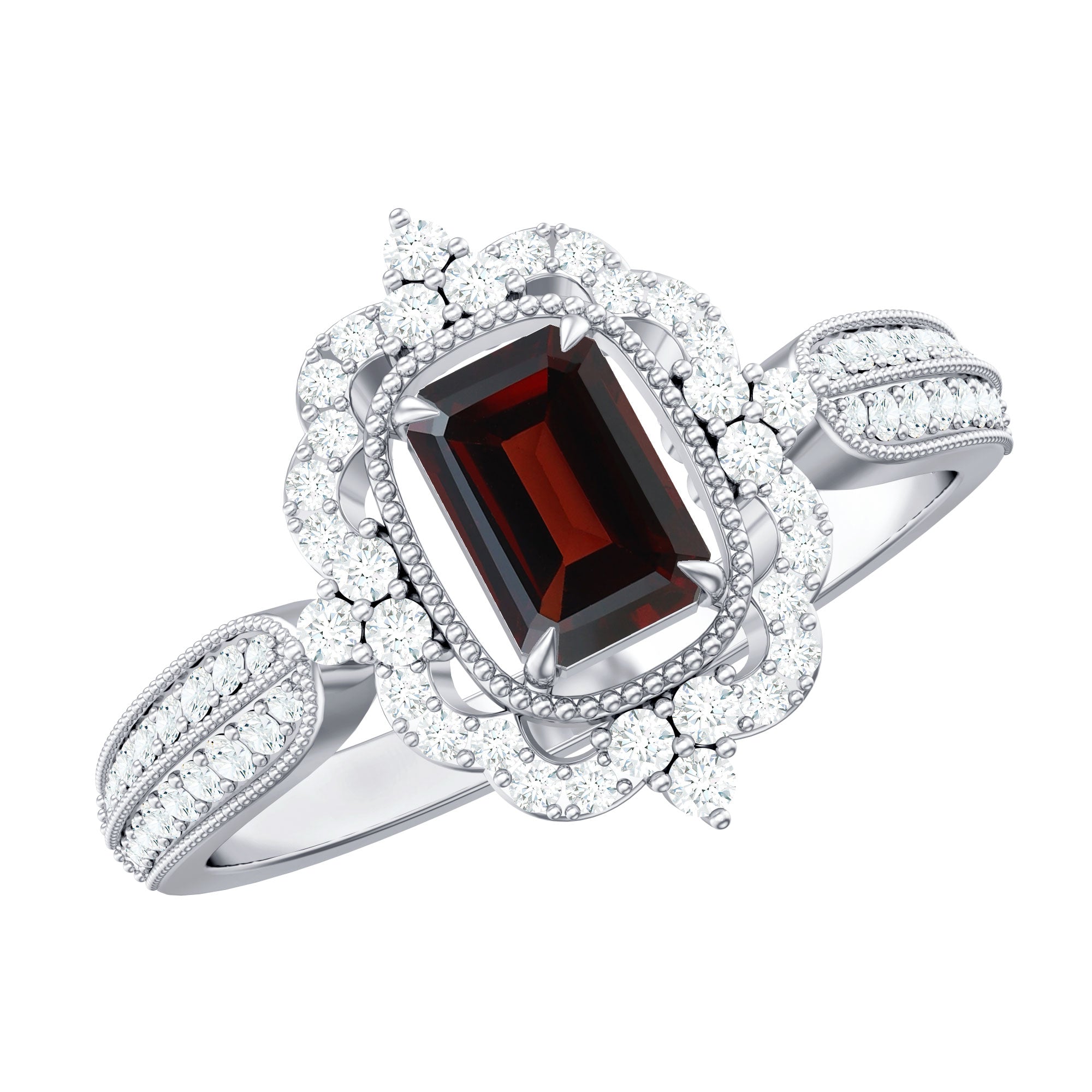Certified Real Emerald Cut Garnet Retro Engagement Ring with Diamond