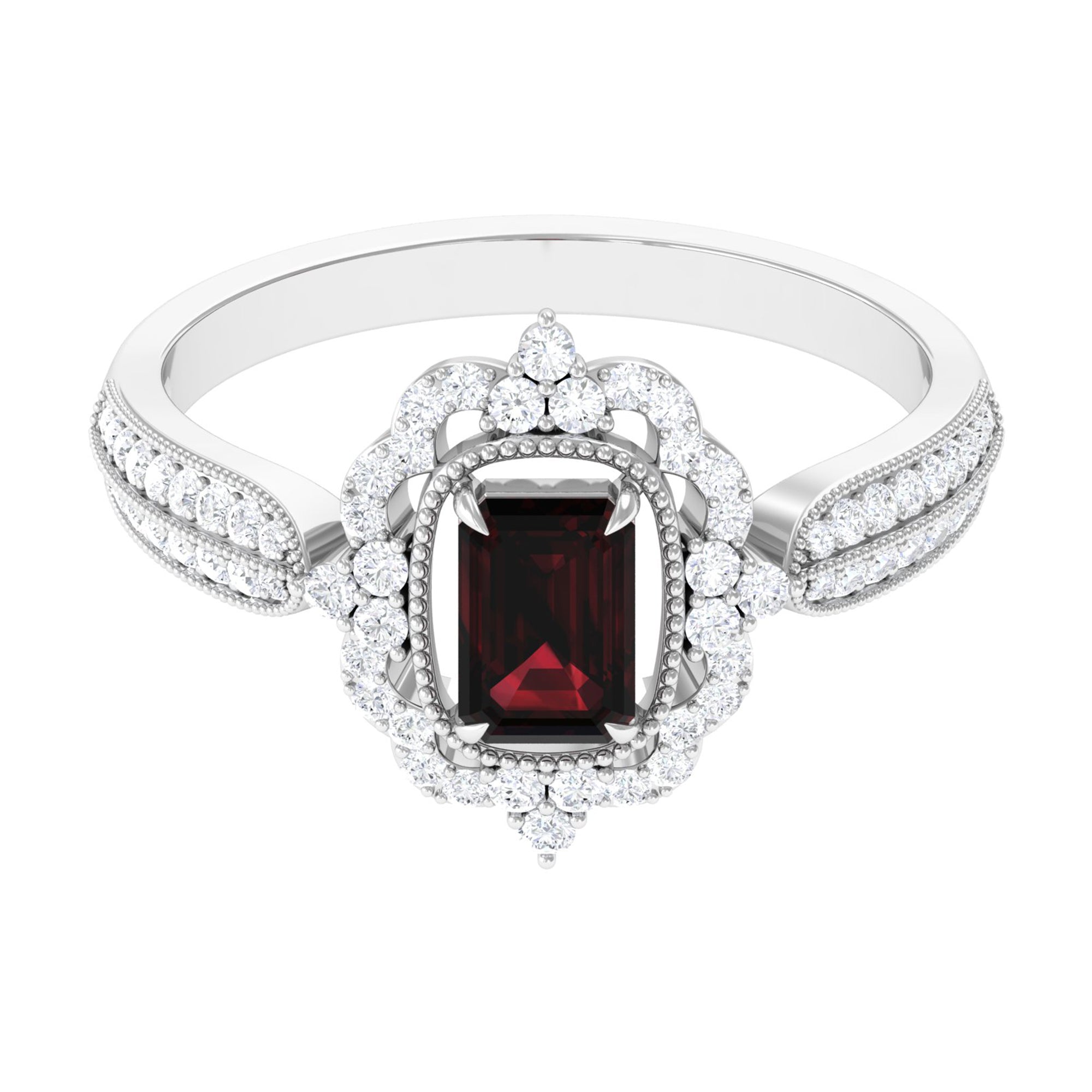 Certified Real Emerald Cut Garnet Retro Engagement Ring with Diamond