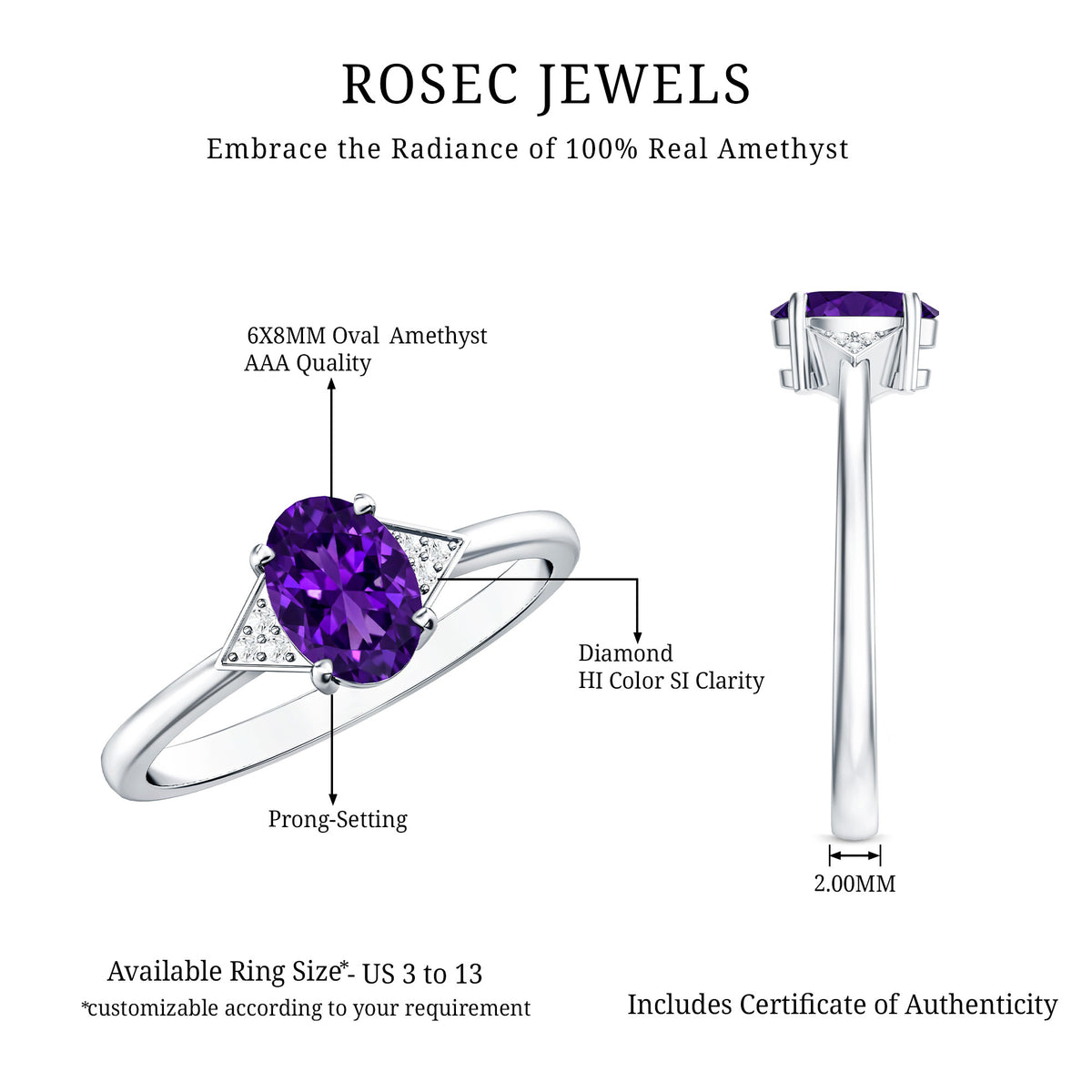 Natural 1 Carat Amethyst Oval Engagement Ring with Diamond Trio AAA - Rosec Jewels