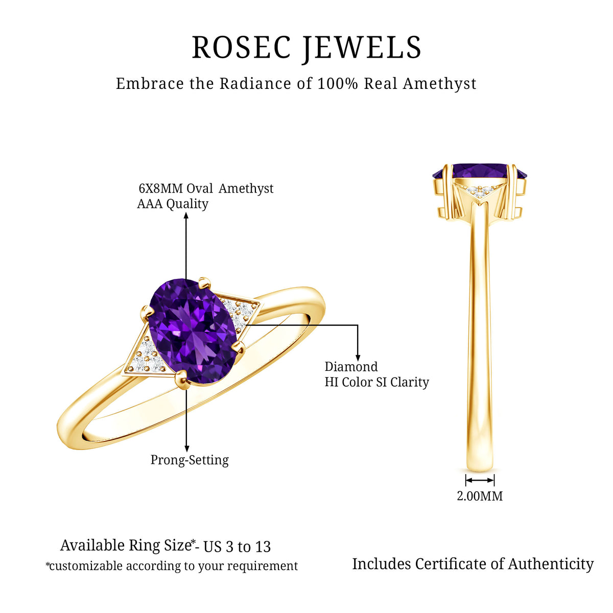 Natural 1 Carat Amethyst Oval Engagement Ring with Diamond Trio AAA - Rosec Jewels