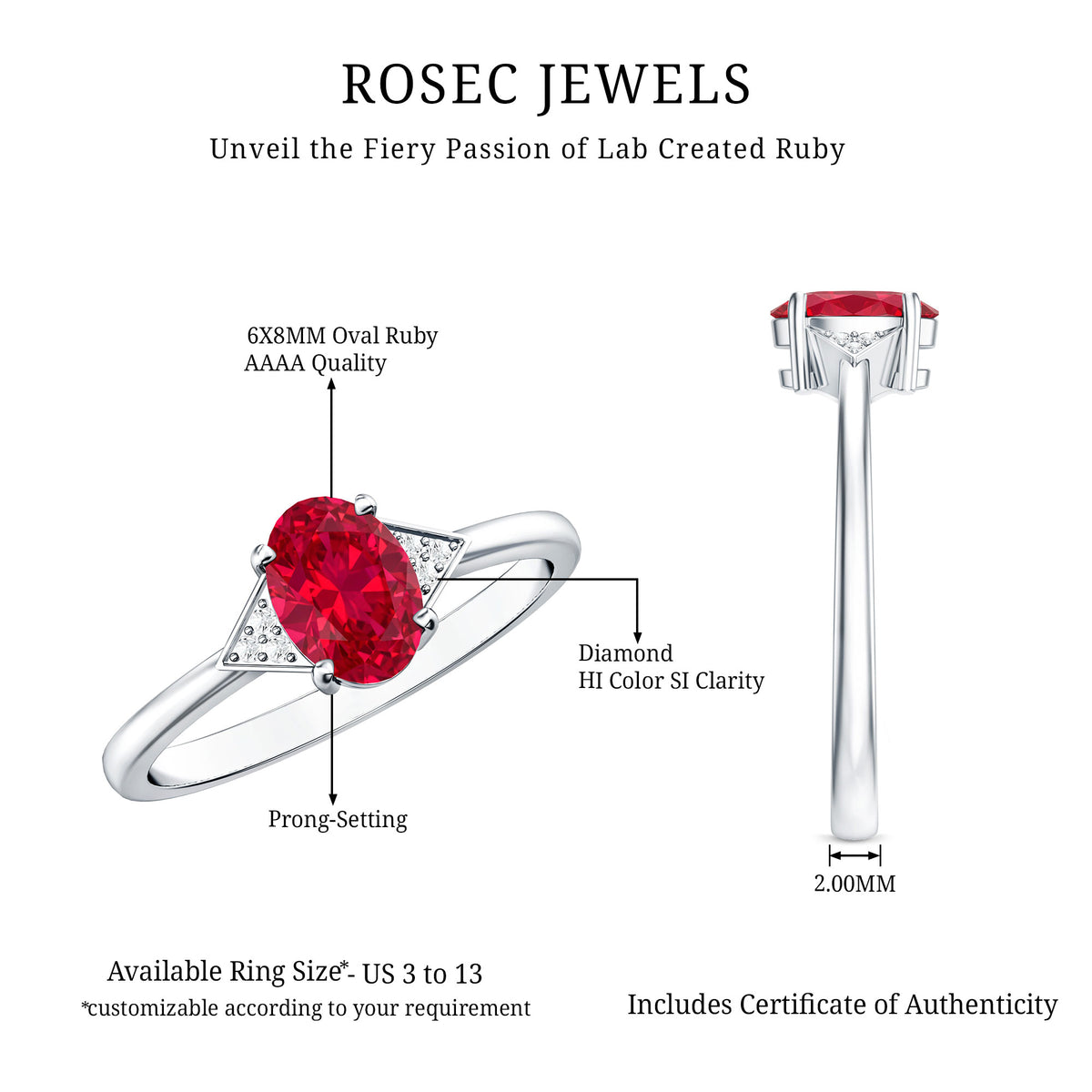 1.5 Carat Oval Lab Created Ruby Solitaire Ring with Diamonds AAAA - Rosec Jewels