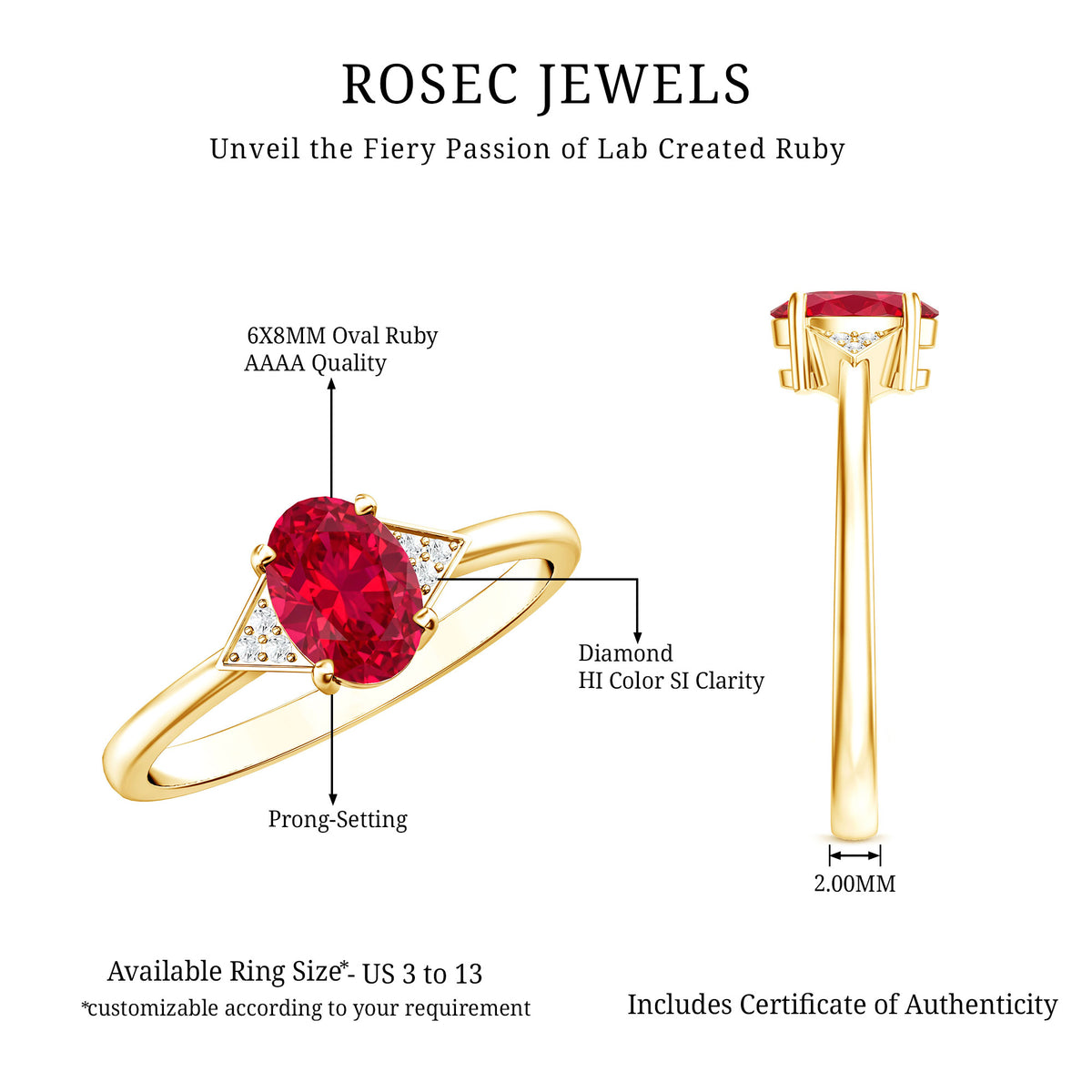 1.5 Carat Oval Lab Created Ruby Solitaire Ring with Diamonds AAAA - Rosec Jewels