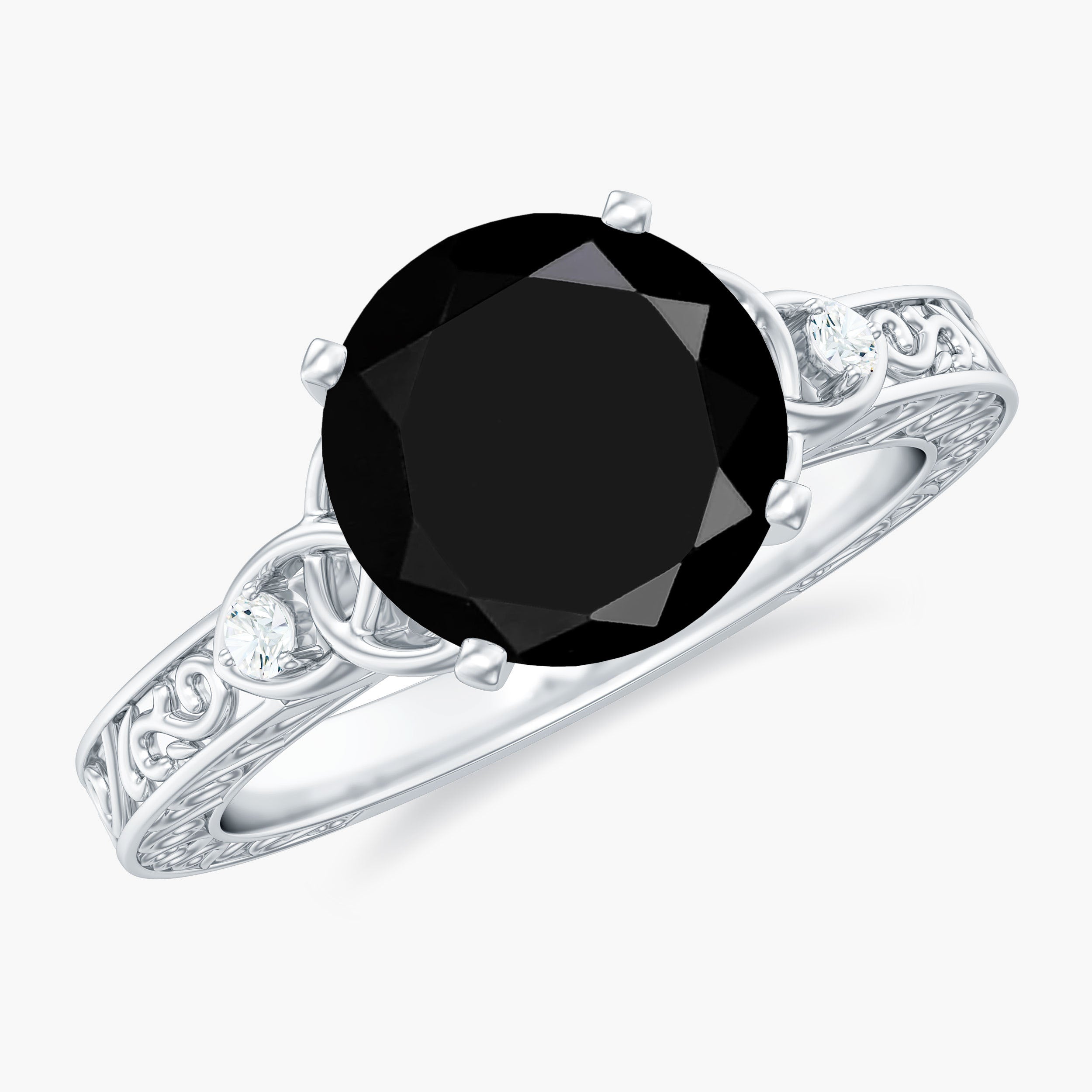 Vintage Inspired Black Onyx Celtic Engagement Ring with Diamond AAA - Rosec Jewels