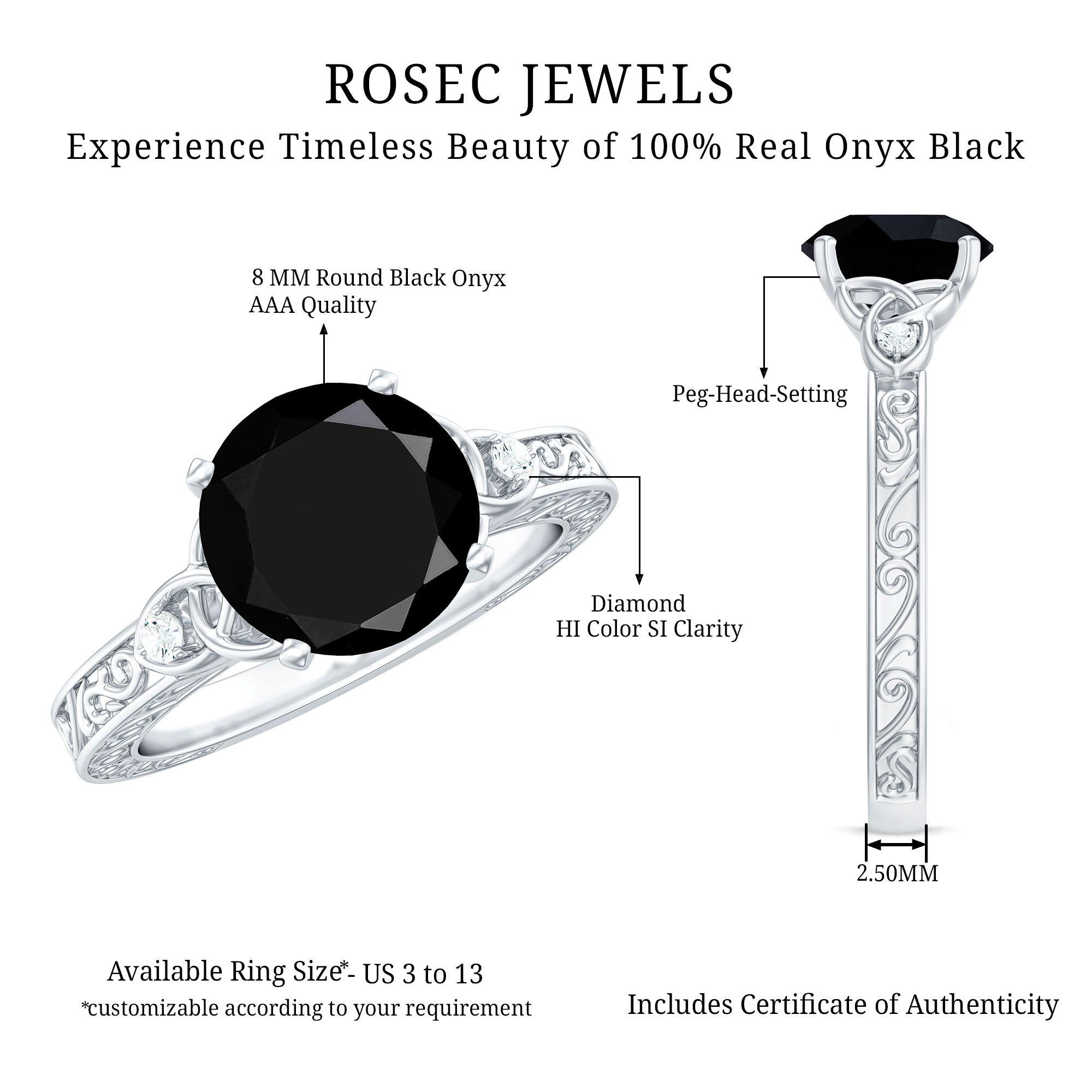 Vintage Inspired Black Onyx Celtic Engagement Ring with Diamond AAA - Rosec Jewels