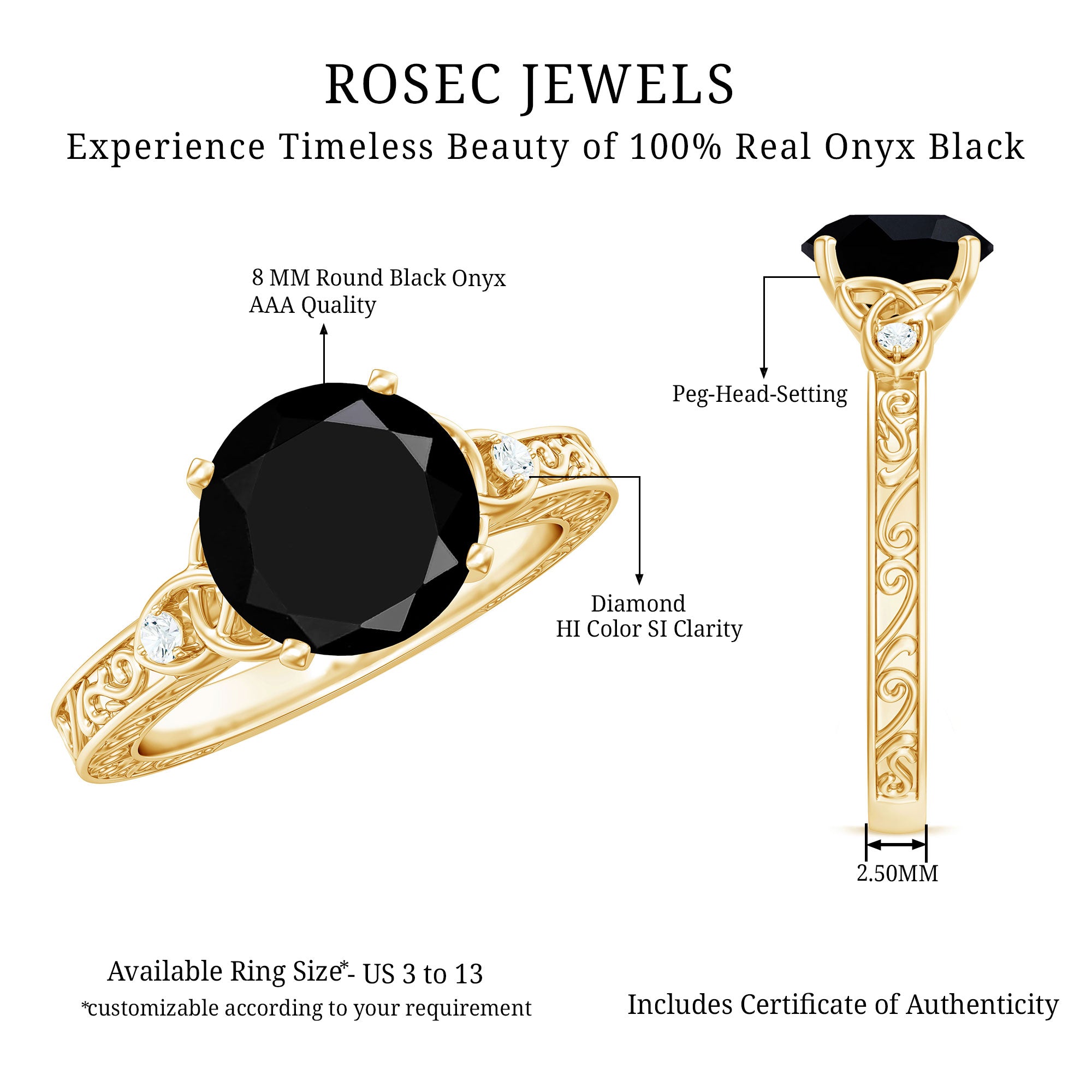 Vintage Inspired Black Onyx Celtic Engagement Ring with Diamond AAA - Rosec Jewels
